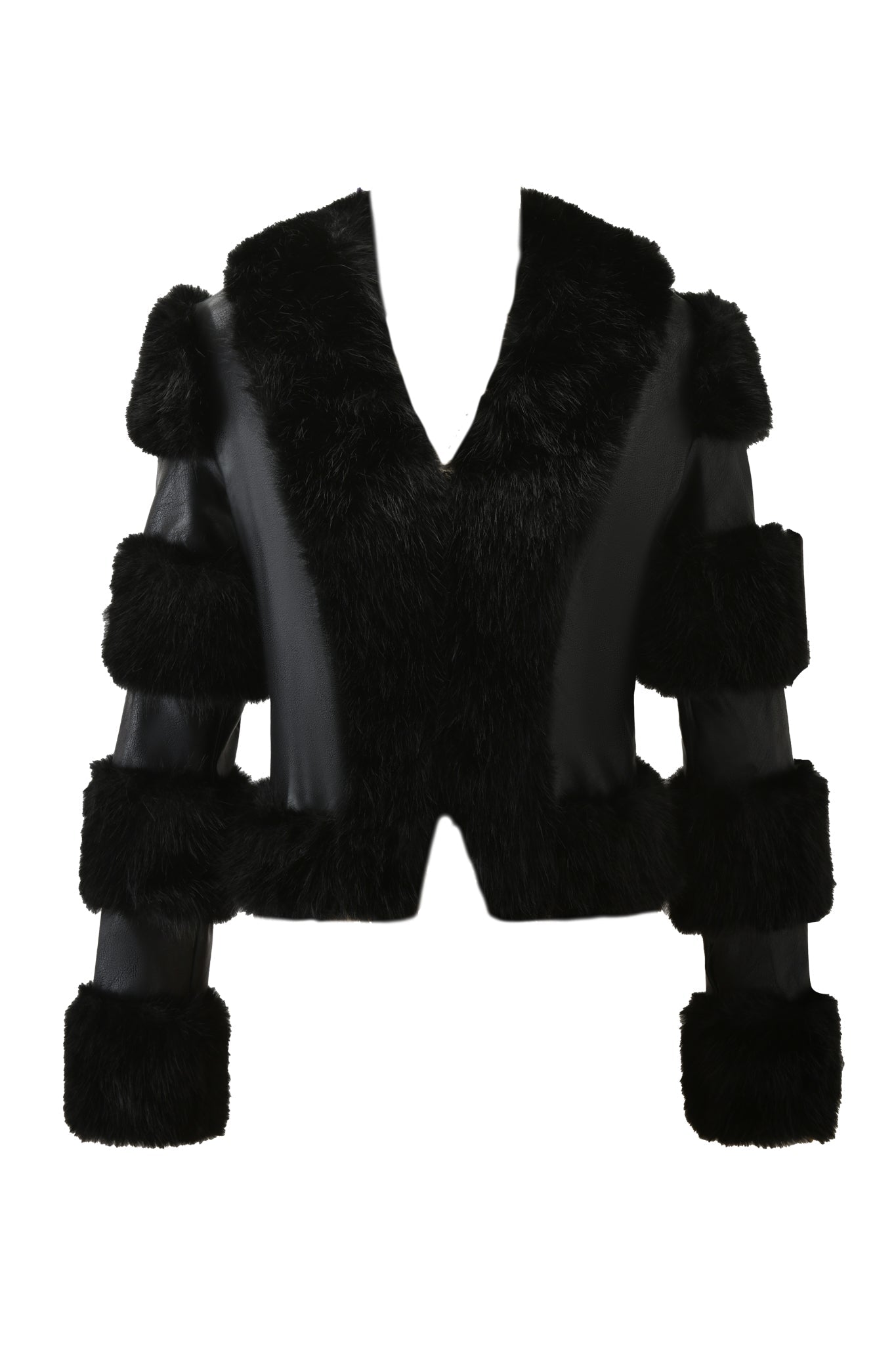 The VRAI JACKET - BLACK by I.AM.GIA features black faux fur with a V-neckline and horizontal panels on the sleeves and body, shown against a plain white background.