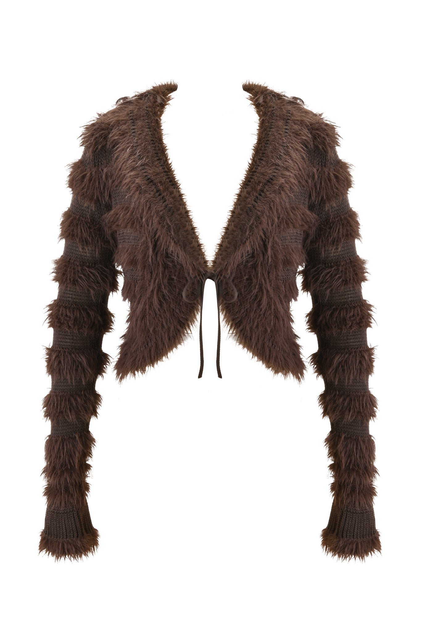 The DEMETRIA CARDIGAN - BROWN by I.AM.GIA is a cropped faux fur cardigan with a chocolate brown, fluffy textured design, horizontal stripes, long sleeves, a deep V-neck, and a front tie with a thin brown string.