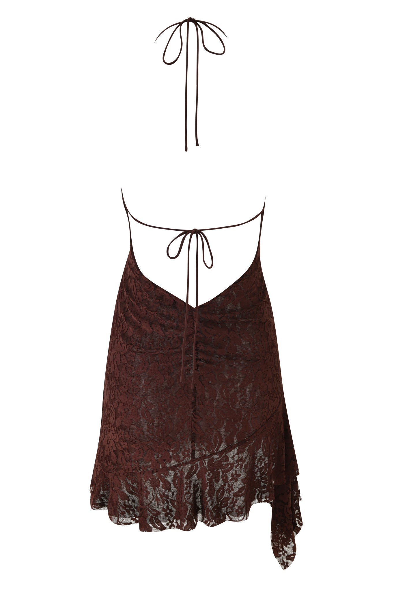 The VIRA LACE HALTER RUFFLE MINI DRESS - BROWN : CHOCOLATE by I.AM.GIA features a back view with thin halter ties, a bodycon fit, an asymmetrical ruffle hem, and subtle floral lace details.