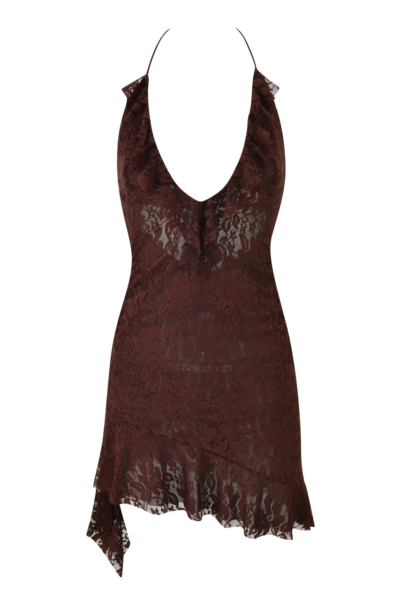 The VIRA LACE HALTER RUFFLE MINI DRESS in chocolate by I.AM.GIA features a sleeveless, deep V-neck halter design with sheer floral lace, an asymmetrical ruffled hem, and a fitted silhouette for an alluring look.