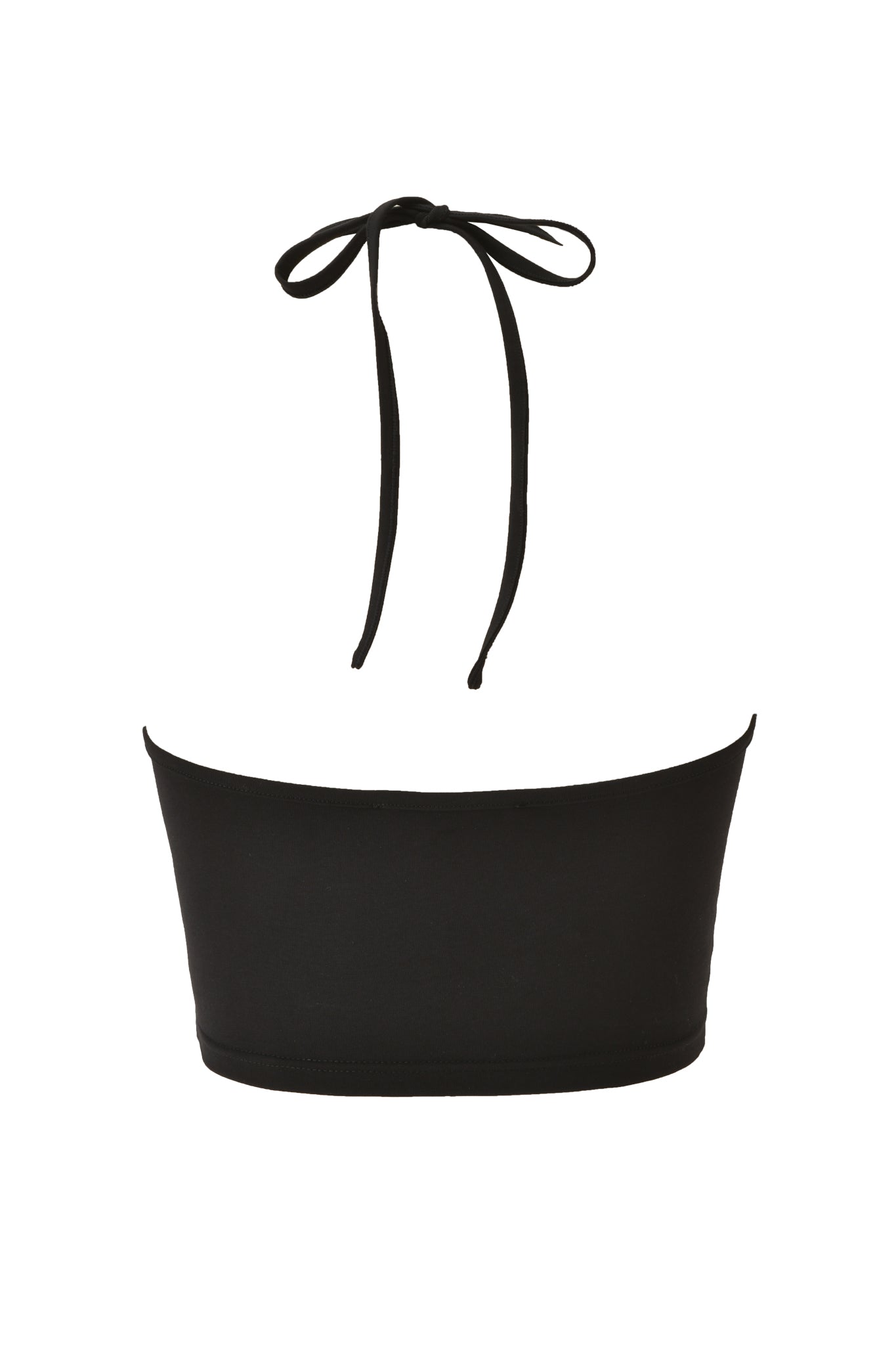 The I.AM.GIA HALO TOP - SOLID BLACK is a cropped bandeau bikini top with a Halo Top-inspired halterneck tie, made from soft bamboo jersey, shown against a white background.