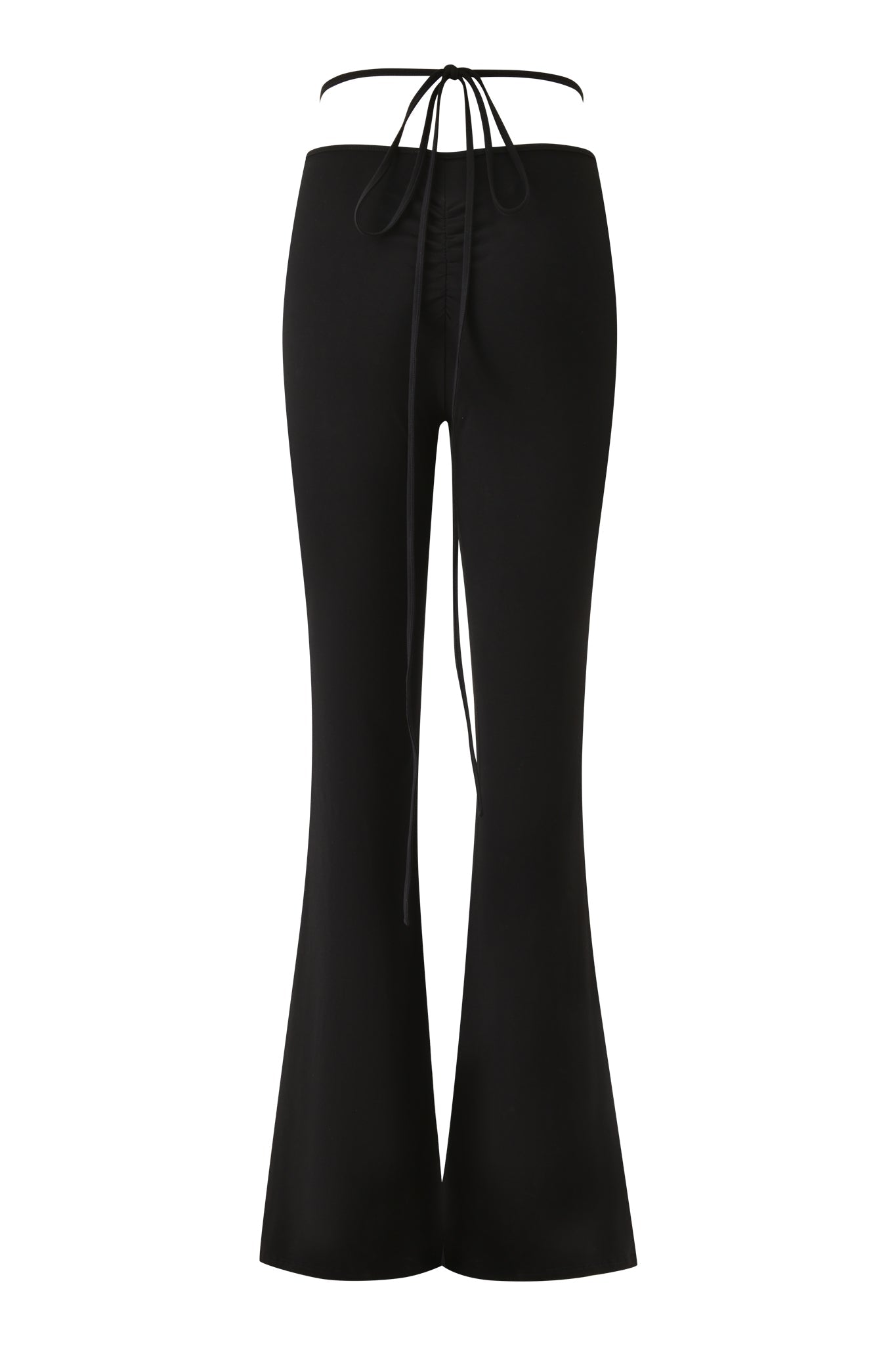 The I.AM.GIA HALO PANT in solid black features a mid-rise, flared fit with a ruched back and long, thin wraparound waist ties, shown from the rear against a white background.