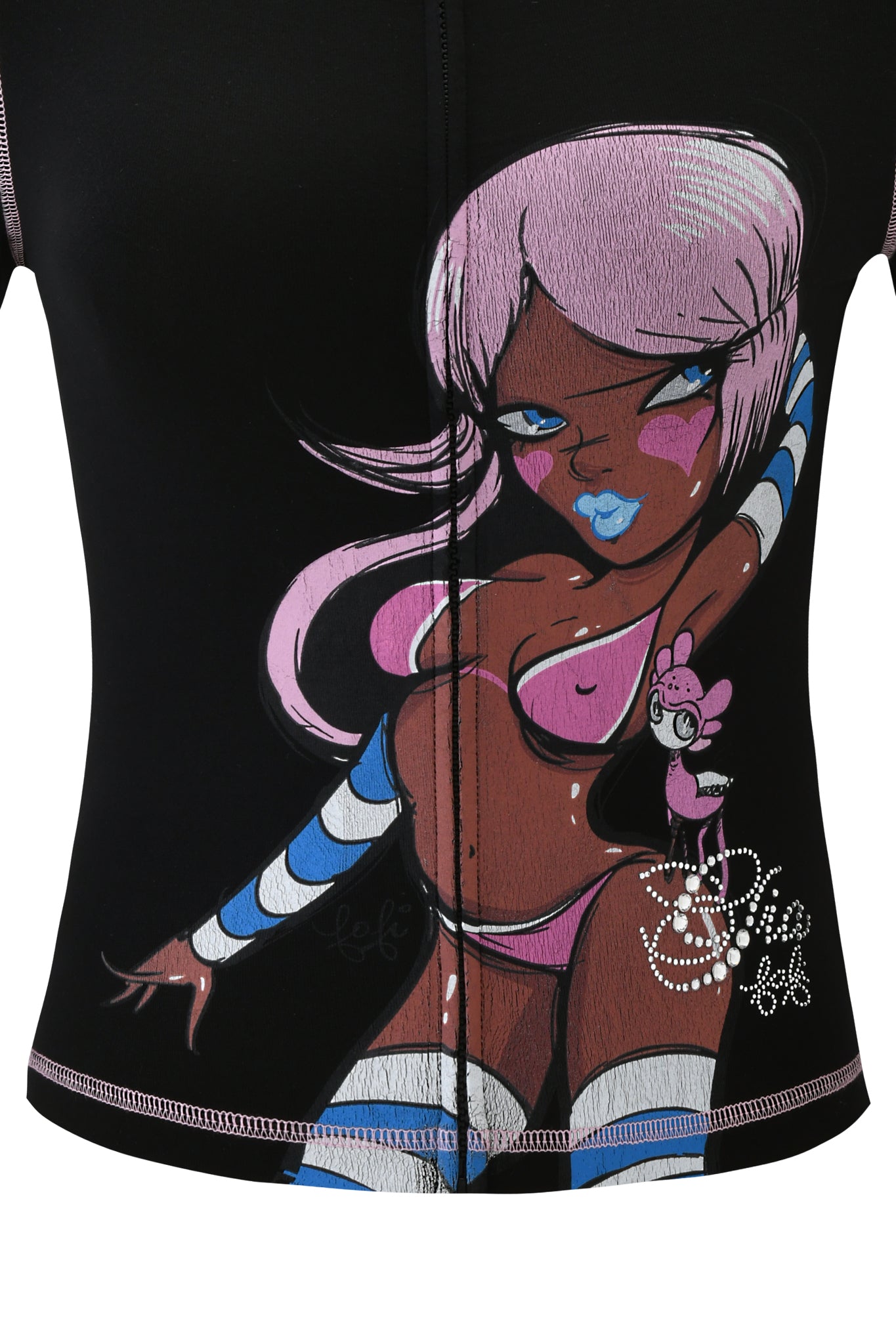 The I.AM.GIA FAFI BLARE HOODIE - BLACK features a playful Fafi illustration of a pink-haired woman in a pink bikini and striped arm warmers, with blue eyeshadow and a cartoon mouse on her hip.