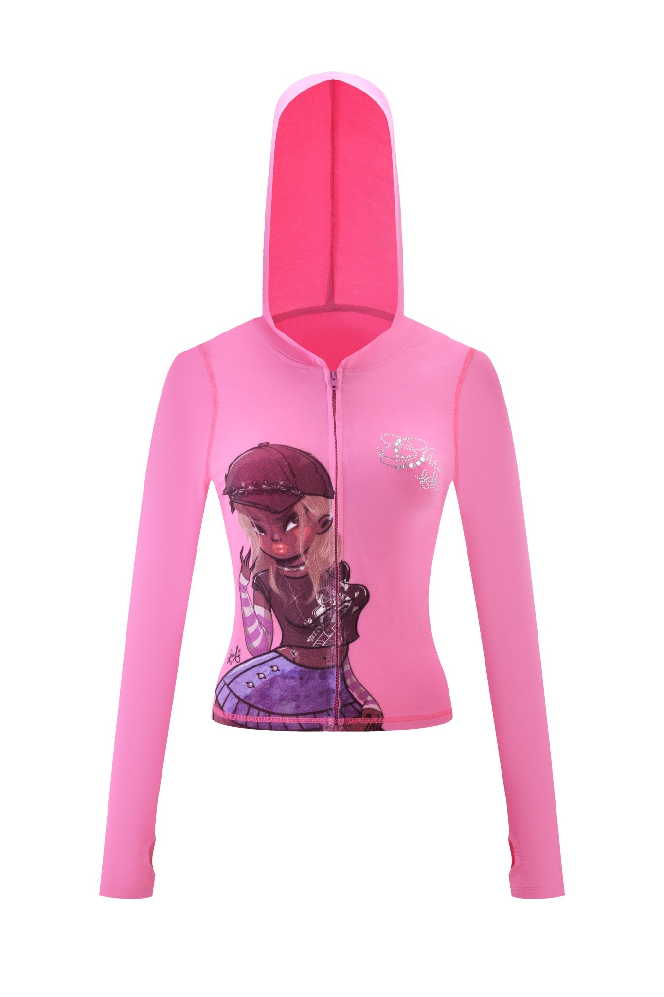 The I.AM.GIA FAFI BLARE HOODIE in bubblegum pink features long sleeves and a cartoon character in purple clothes with a black hat on the front, plus a sparkly design on the left chest.