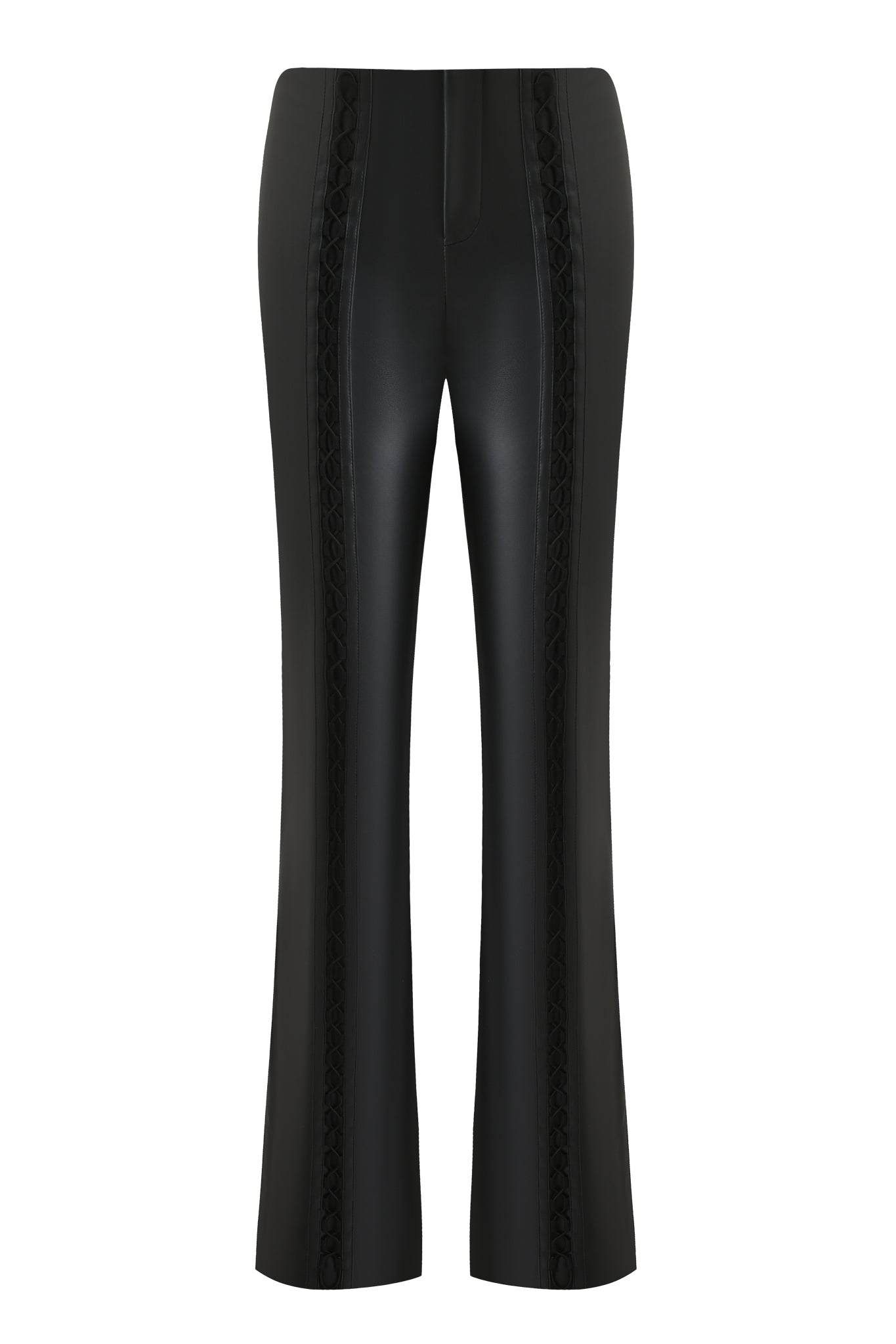 The KENDRIX PANT - BLACK by I.AM.GIA is a straight-leg faux leather moto pant with vertical braided front detailing, a concealed waistband, and zipper closure, shown against a plain white background.