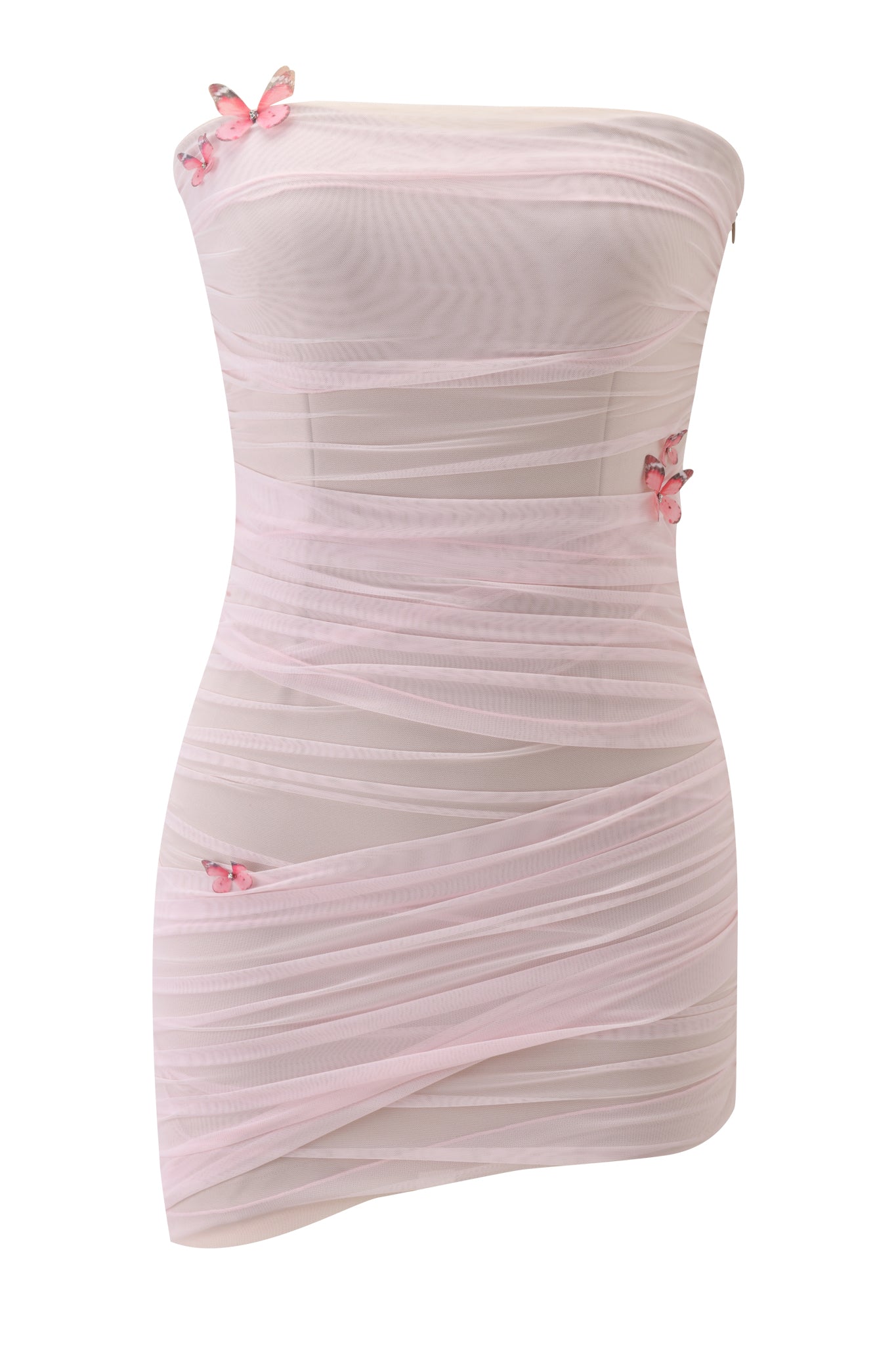 The I.AM.GIA LARK MINI DRESS - PINK is a light pink, strapless mini dress with ruched detailing and three small pink butterfly appliqués on the bodice and skirt.