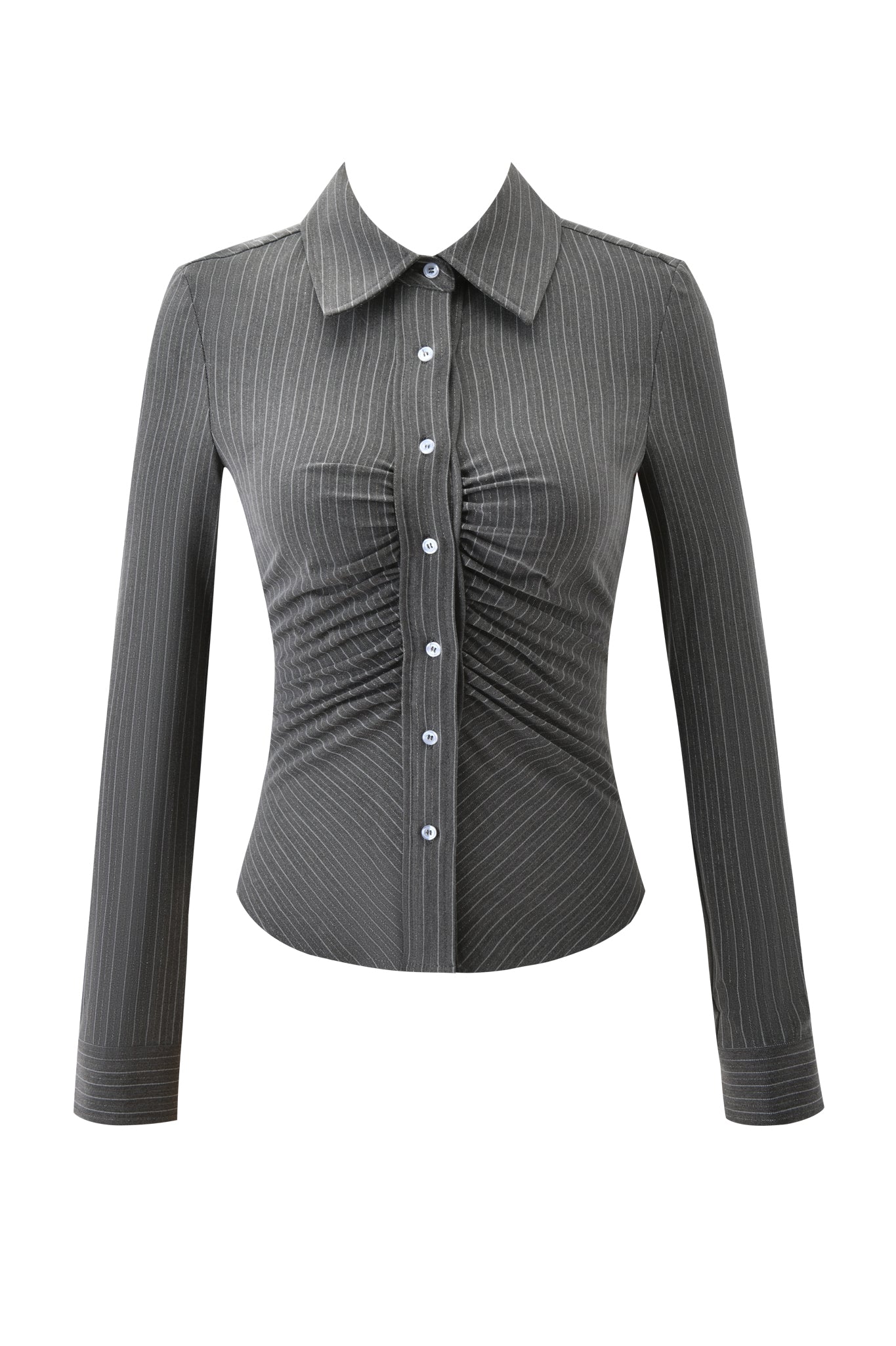 The I.AM.GIA MONICA SHIRT - GREY PINSTRIPE is a tailored, long-sleeve blouse with white buttons, a pointed collar, and ruched chest and waist detail, shown in dark gray pinstripe on a white background.