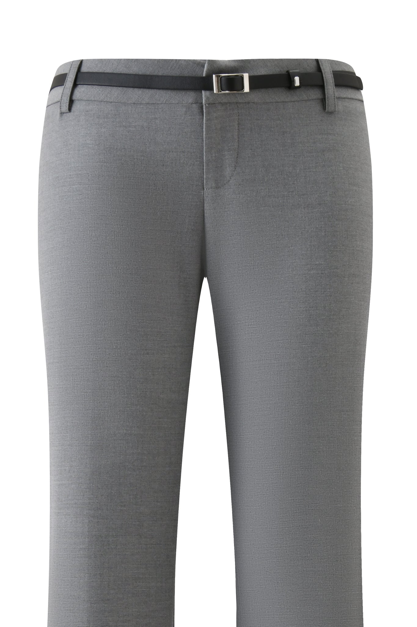 The CLARA PANT - GREY by I.AM.GIA is a tailored pair of grey suiting pants with a relaxed straight leg, shown waist to knees, featuring belt loops and a slim, detachable faux leather belt on a white background.