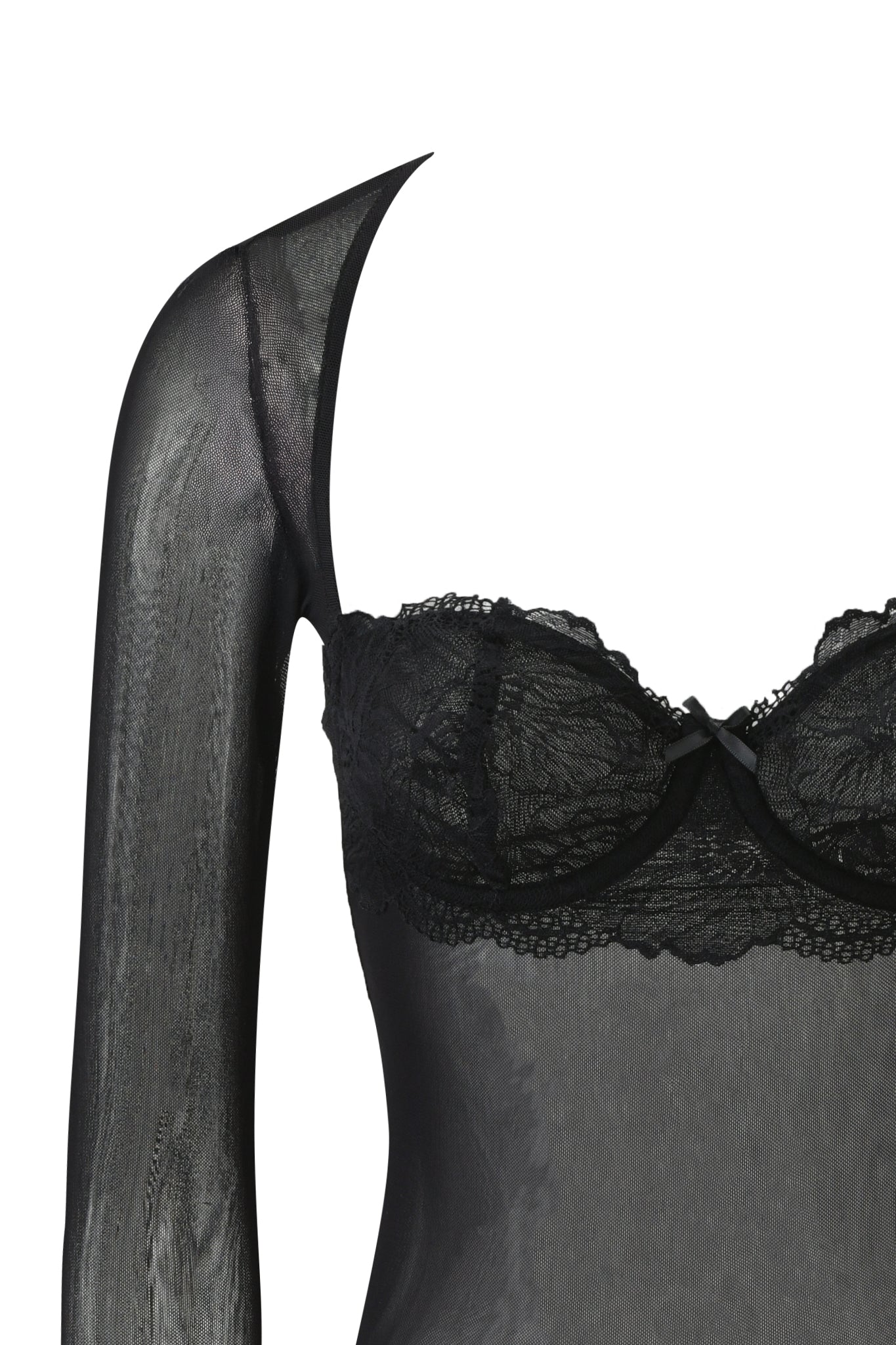A close-up of the I.AM.GIA SILO LONG SLEEVE TOP in black, featuring sheer mesh, a single sleeve, underwired cups, delicate lace detailing, and a small center bow—highlighting the upper torso and shoulder area.