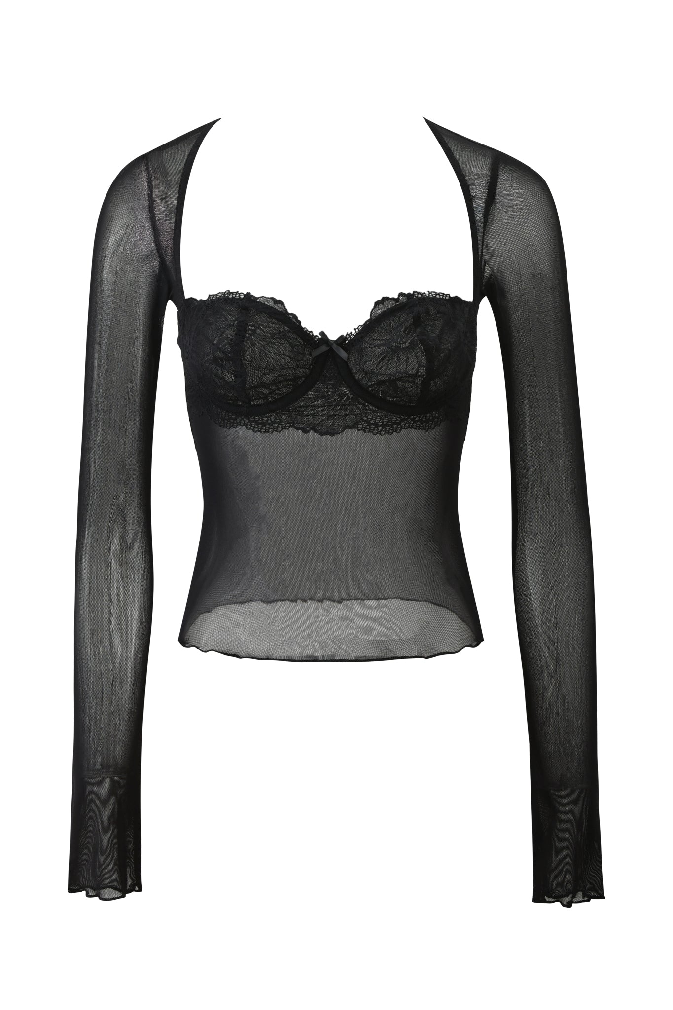 The I.AM.GIA SILO LONG SLEEVE TOP - BLACK is a sheer mesh top with lace details, a fitted bodice, structured bust, and slightly flared sleeves for a delicate, semi-transparent look.