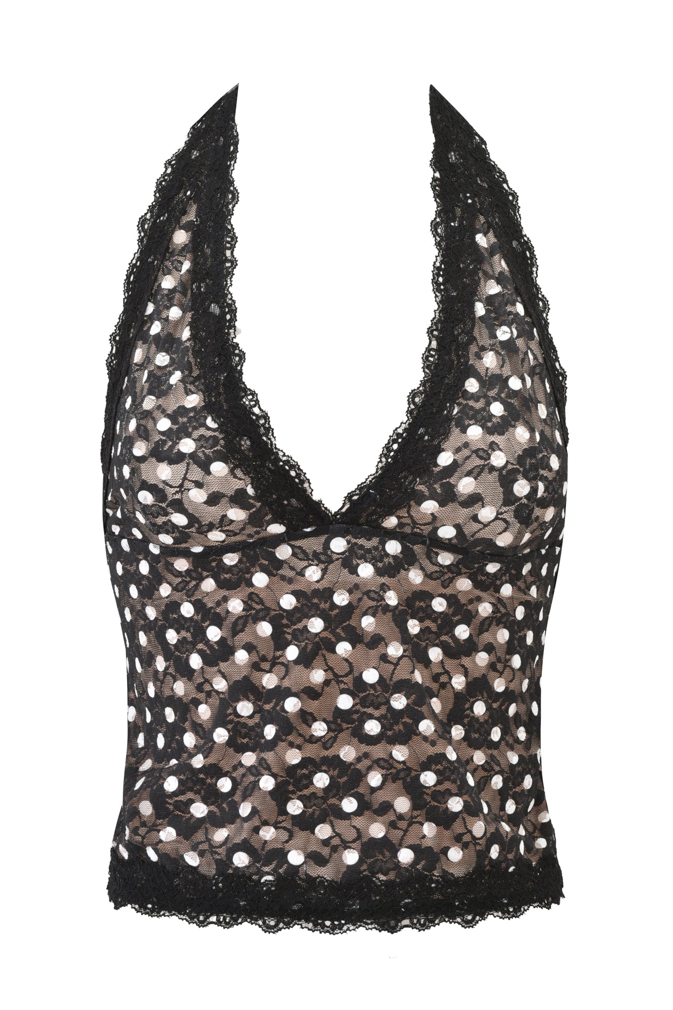 The I.AM.GIA GEM HALTER TOP in black polka dot is a sleeveless, chic halter with a deep V-neckline and scalloped lace trim.