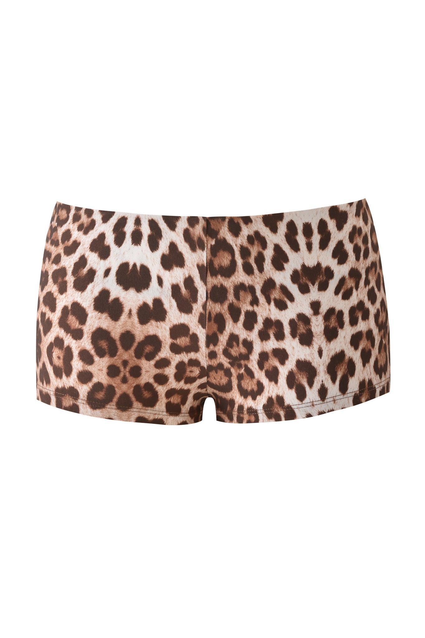 The TATUM HOT SHORT - WILD ABOUT YOU by I.AM.GIA features a bold brown, black, and beige leopard print in a low rise cut, shown on a plain white background.