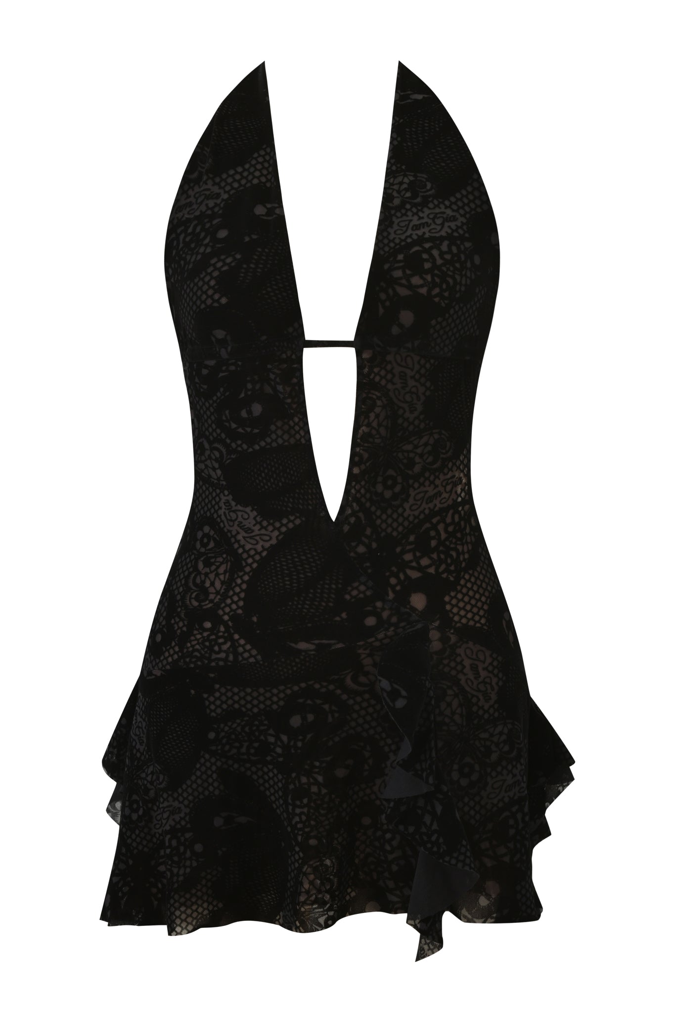 The IRISIA MINI DRESS by I.AM.GIA is a sleeveless black lace halter mini dress with a deep plunge neckline, subtle skull-patterned fabric, and a ruffled asymmetrical skirt.