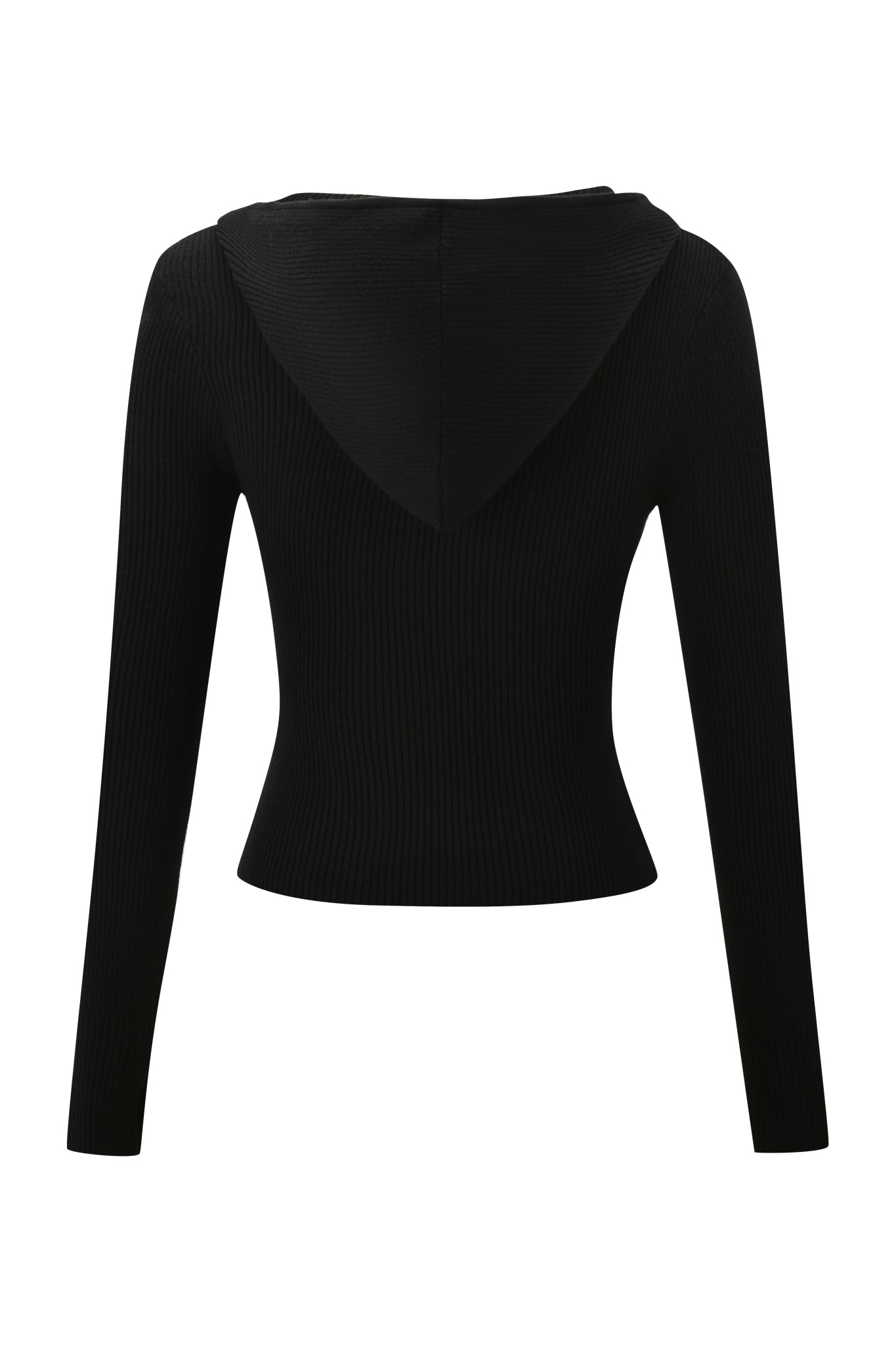 The BLARE KNIT HOODIE - BLACK by I.AM.GIA is a black, ribbed, long-sleeve hoodie with a bodycon fit and slightly cropped length, shown from the back.