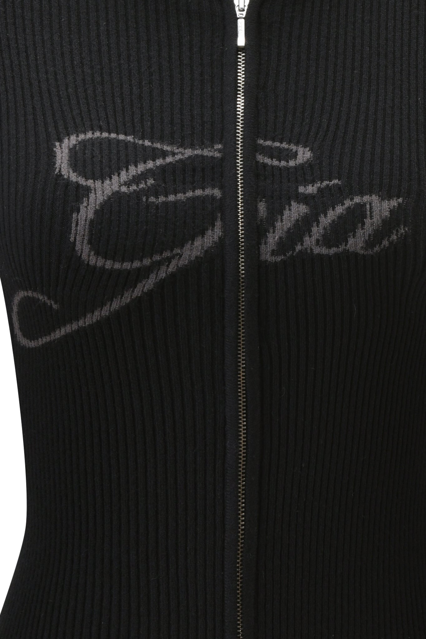 Close-up of the I.AM.GIA BLARE KNIT HOODIE in black, featuring ribbed knit fabric, a central silver zipper, subtle light gray cursive graphic on the chest, and a bodycon fit that defines the signature style.