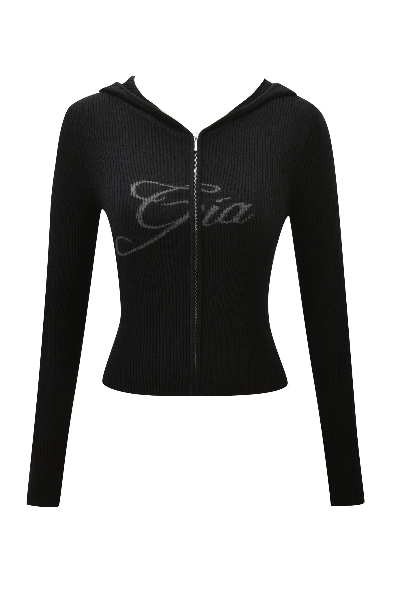 The BLARE KNIT HOODIE - BLACK by I.AM.GIA is a black, ribbed, bodycon zip-up hoodie with long sleeves and "Gia" scripted across the chest.