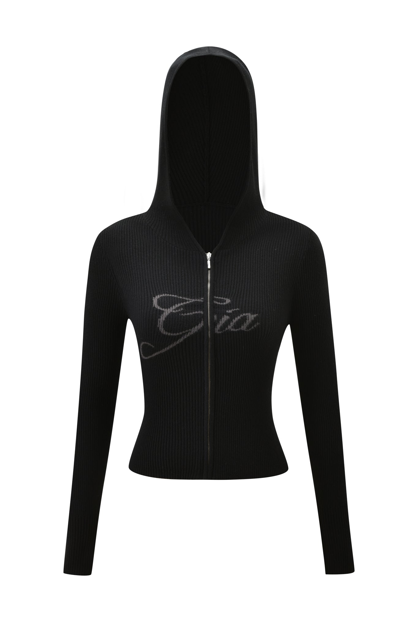 The I.AM.GIA BLARE KNIT HOODIE in black features ribbed, long sleeves, a bodycon fit, and "Gia" in cursive across the chest. Displayed zipped up with the hood on against a white background.