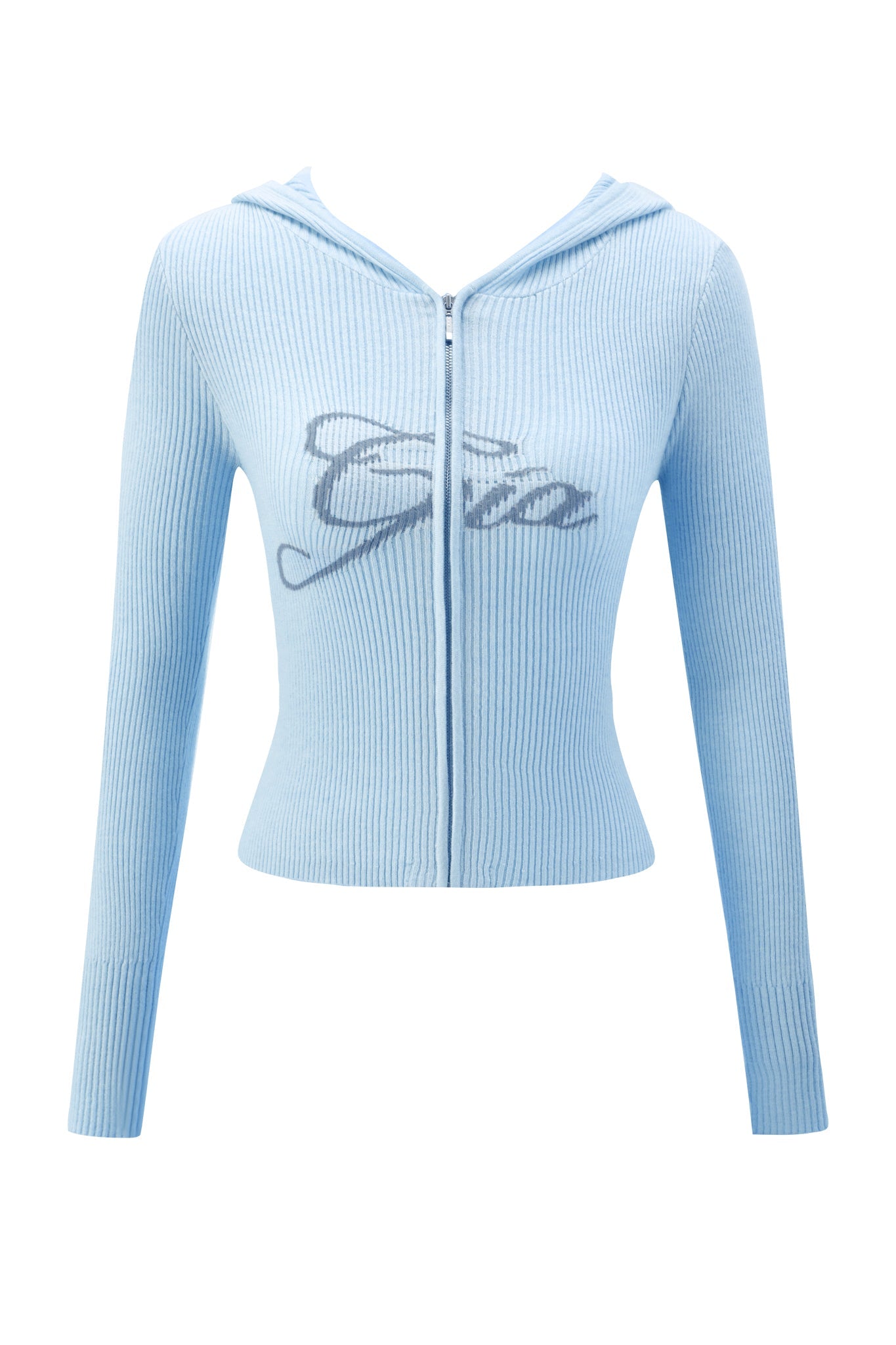The BLARE KNIT HOODIE by I.AM.GIA is a light blue, ribbed, cropped zip-up hoodie with long sleeves, a bodycon fit, and a stylized "G" graphic on the front, shown against a plain white background.