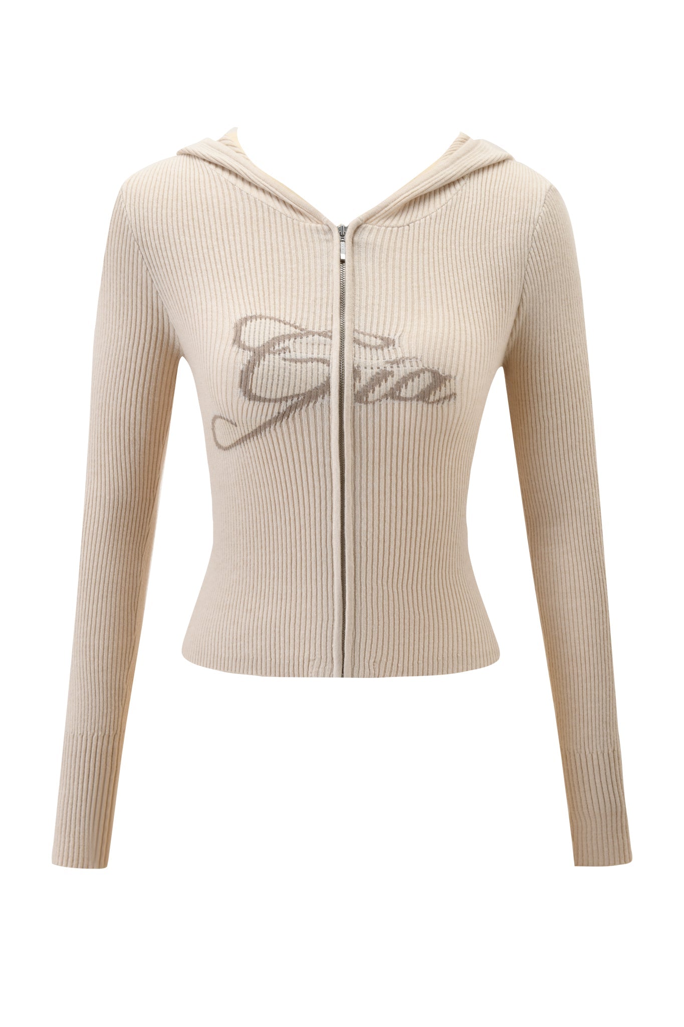 The BLARE KNIT HOODIE in cream by I.AM.GIA is a ribbed, long-sleeve, zip-up hoodie with a fitted waist, bodycon fit, and stylized embroidered script on the chest.