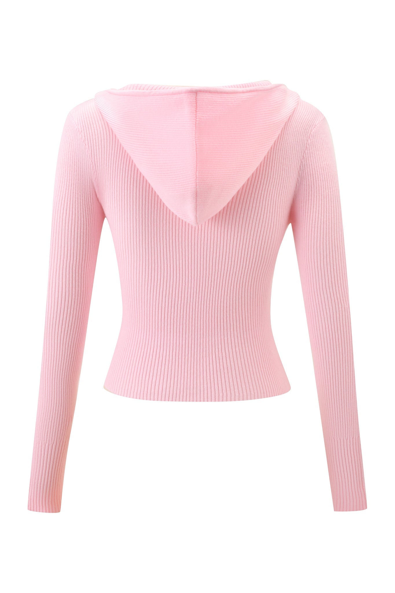 Back view of the BLARE KNIT HOODIE in pink by I.AM.GIA, showcasing long sleeves, ribbed texture, and a fitted silhouette.