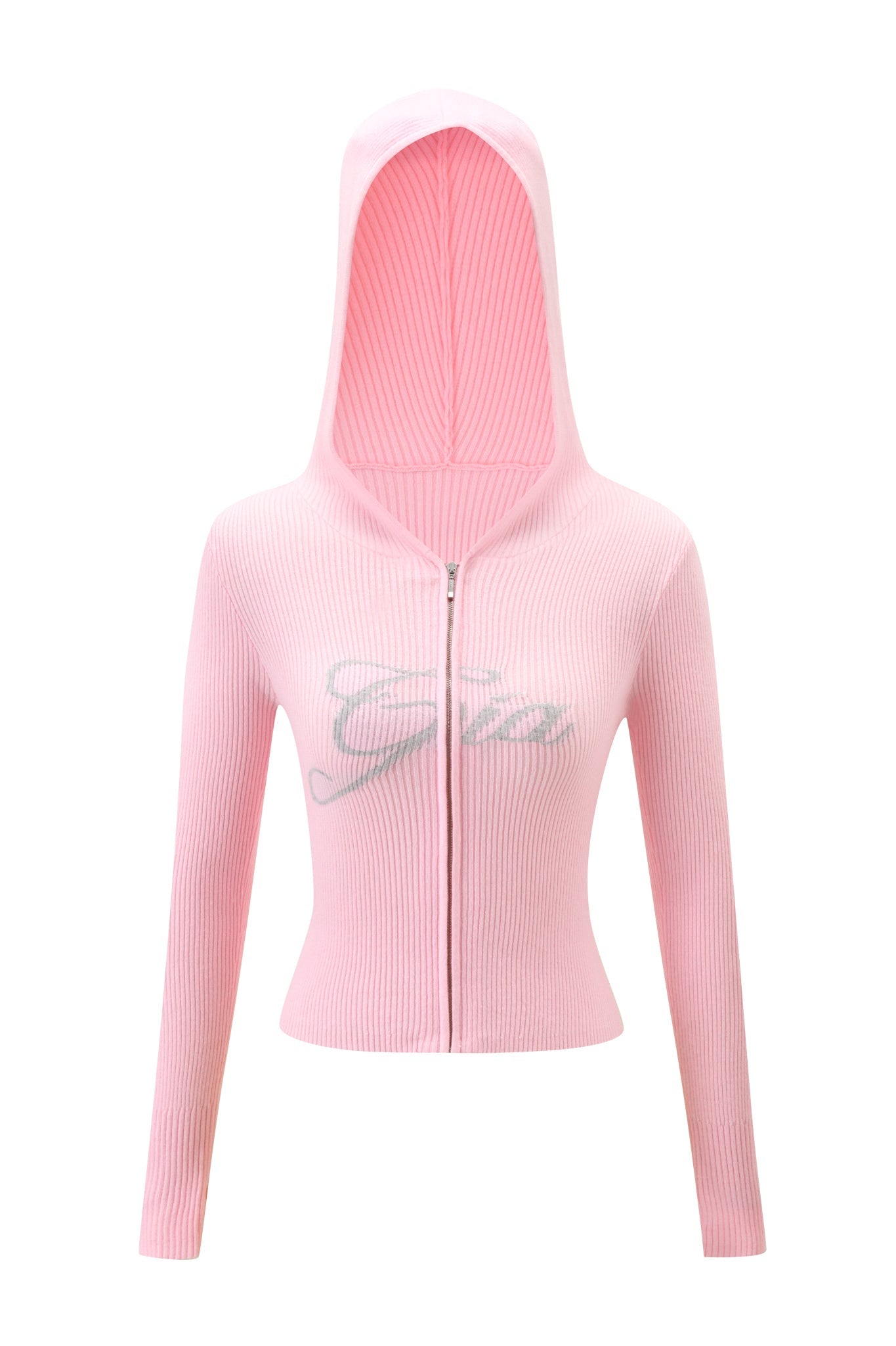 The BLARE KNIT HOODIE in pink by I.AM.GIA features a slim fit, ribbed knit, and lined hood. "Girls" shimmers in silver cursive on the chest for a cozy yet bold signature look.