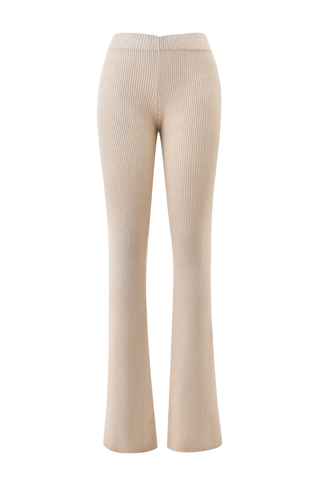 The BLARE KNIT TRACKPANT - CREAM by I.AM.GIA features a cream ribbed knit design, high waist, and slightly flared legs, shown against a white background.