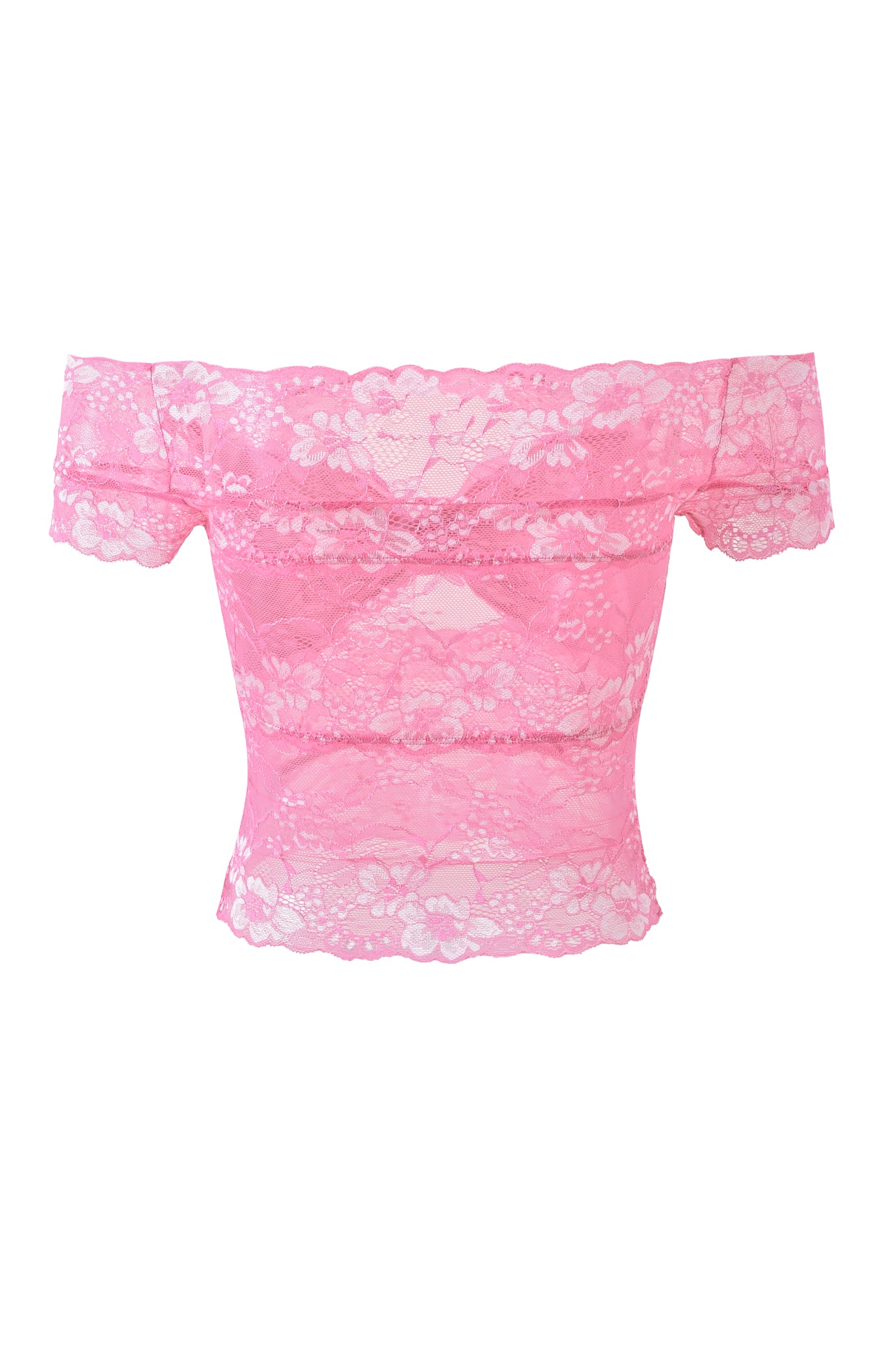 The CRYSTAL TOP - PINK by I.AM.GIA is a fitted, off-the-shoulder stretch lace top with short sleeves and an all-over delicate floral lace pattern.