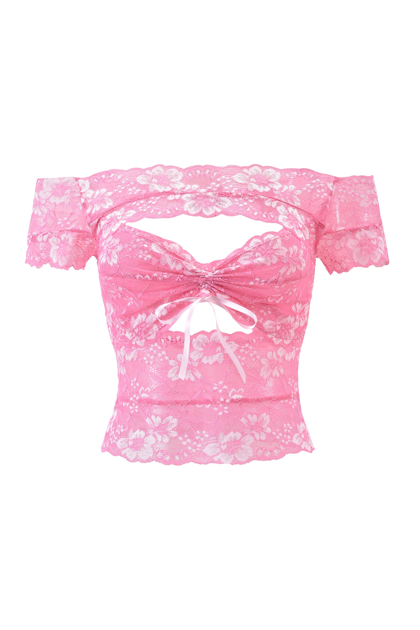 The CRYSTAL TOP - PINK by I.AM.GIA is a pink off-shoulder crop top made from stretch lace, featuring short sleeves, floral design, sweetheart neckline, front keyhole cutout, and a central white ribbon bow.