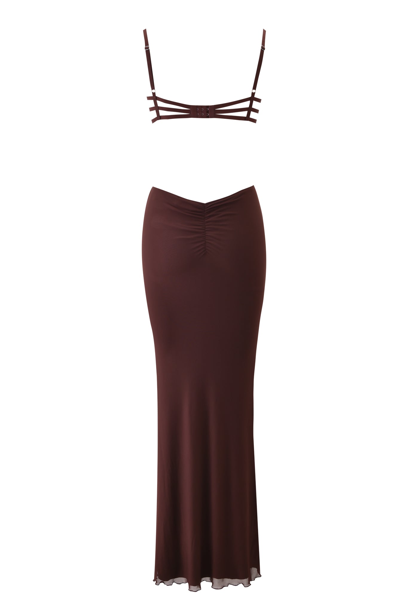 The I.AM.GIA SILO MAXI DRESS in brown is a stylish two-piece set with a strappy crop top featuring three slim horizontal straps and a matching high-waisted maxi skirt, finished with an elegant ruched waist detail.