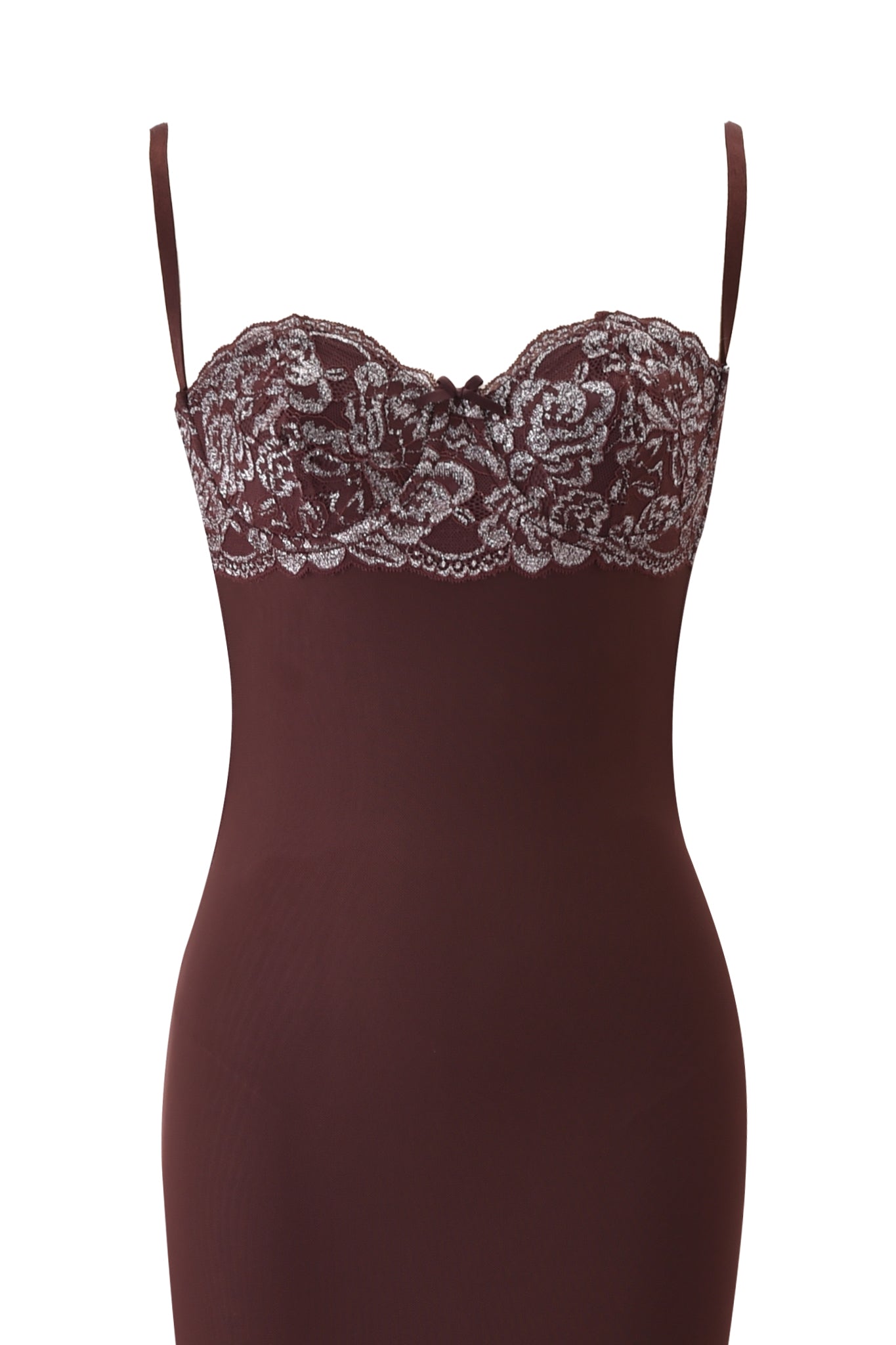 The I.AM.GIA SILO MAXI DRESS - BROWN is a sleeveless, fitted maxi dress with thin straps and an intricate lace bodice featuring stretch lace underwire cups, shown against a white background.