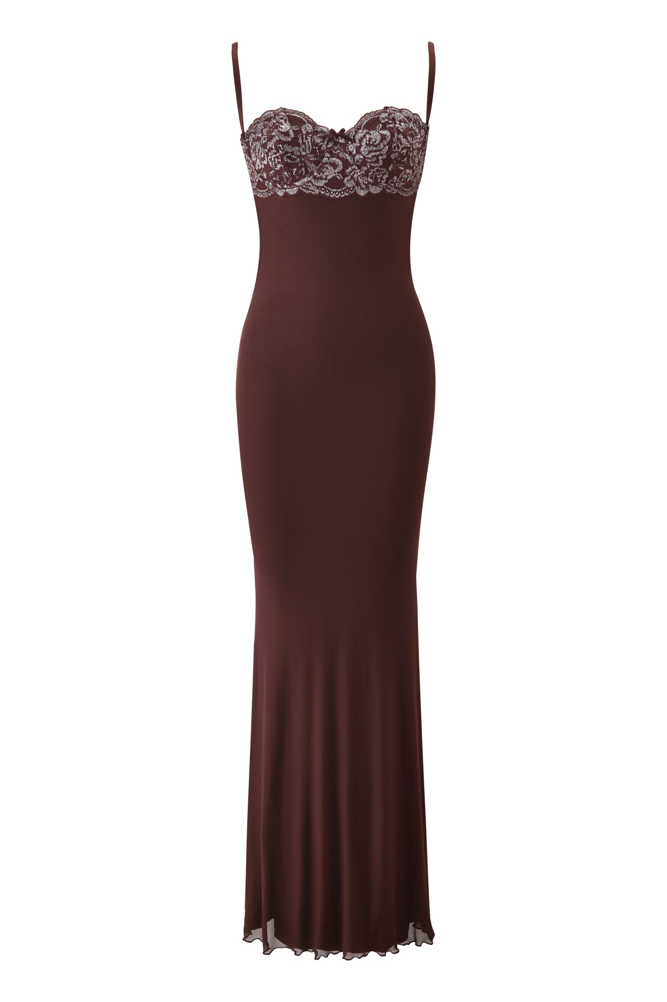 The I.AM.GIA SILO MAXI DRESS in brown features thin straps, a fitted bodice with detailed white lace and stretch lace underwire cups, plus a smooth, flowing skirt that subtly flares at the hem for elegant movement.