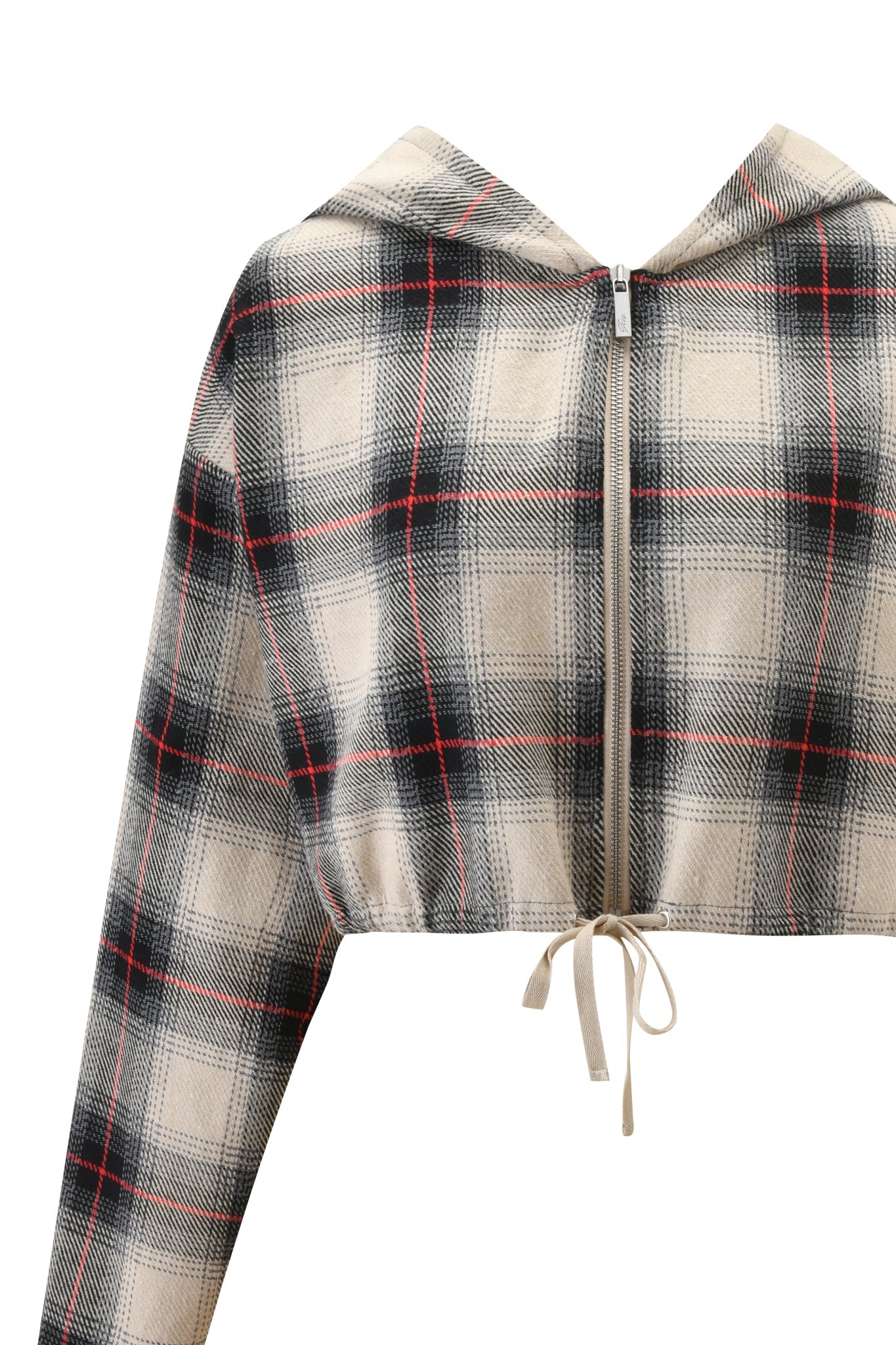 The I.AM.GIA TIFF JACKET - GREY PLAID is a cropped lightweight jacket featuring long sleeves, a front zipper, hood, drawstring waist, and grey plaid pattern.