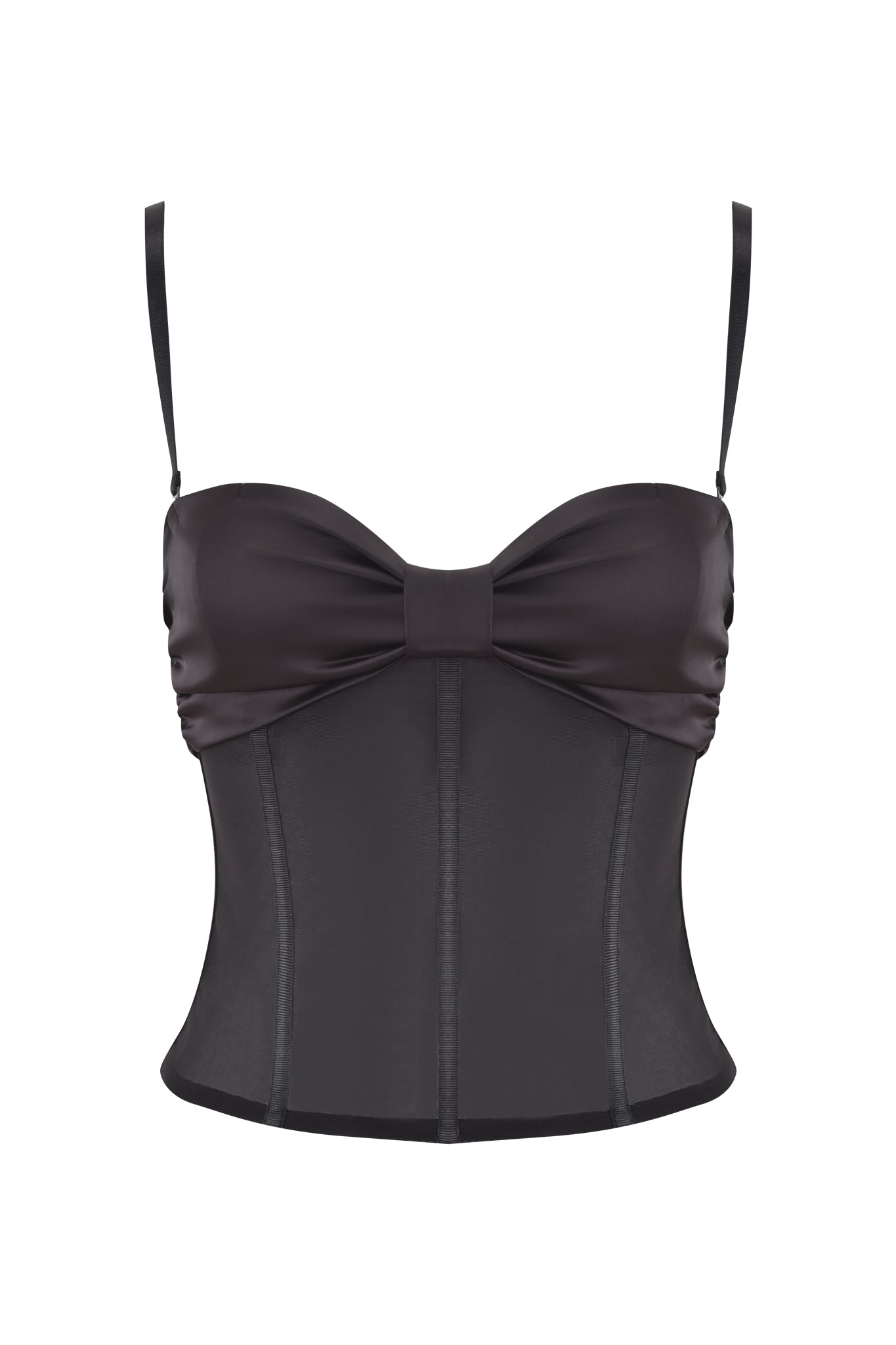 The LIVY CORSET - BLACK by I.AM.GIA is a black satin bustier top with thin adjustable straps, a satin bow at the bust, a sweetheart neckline, and structured boning for shape, shown on a white background.
