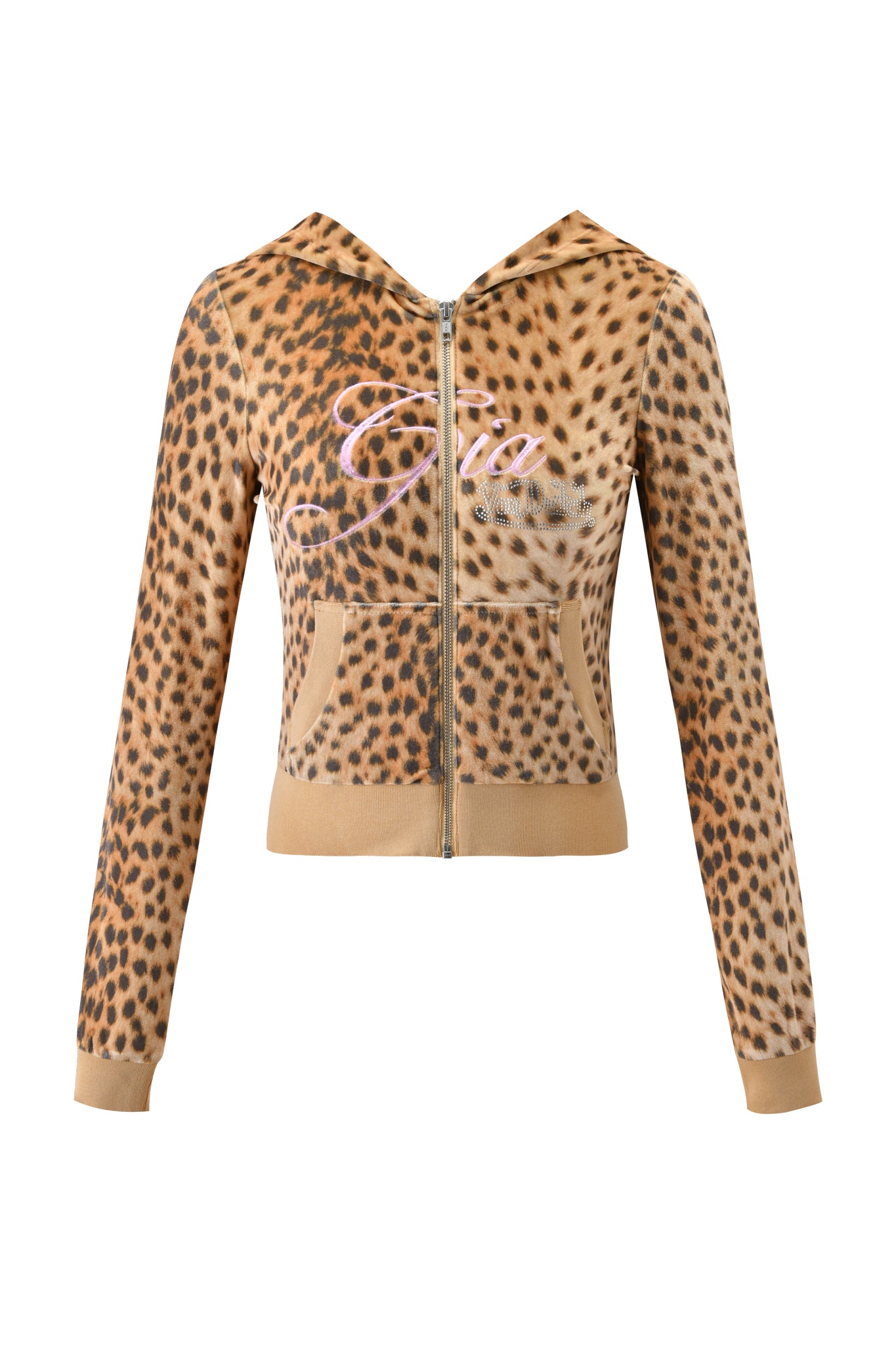 A front view of the I.AM.GIA X VON DUTCH KAMERON VELOUR JACKET - LEOPARD, featuring a brown and black leopard print, two front pockets, and "Gia" in pink cursive text on the left chest.