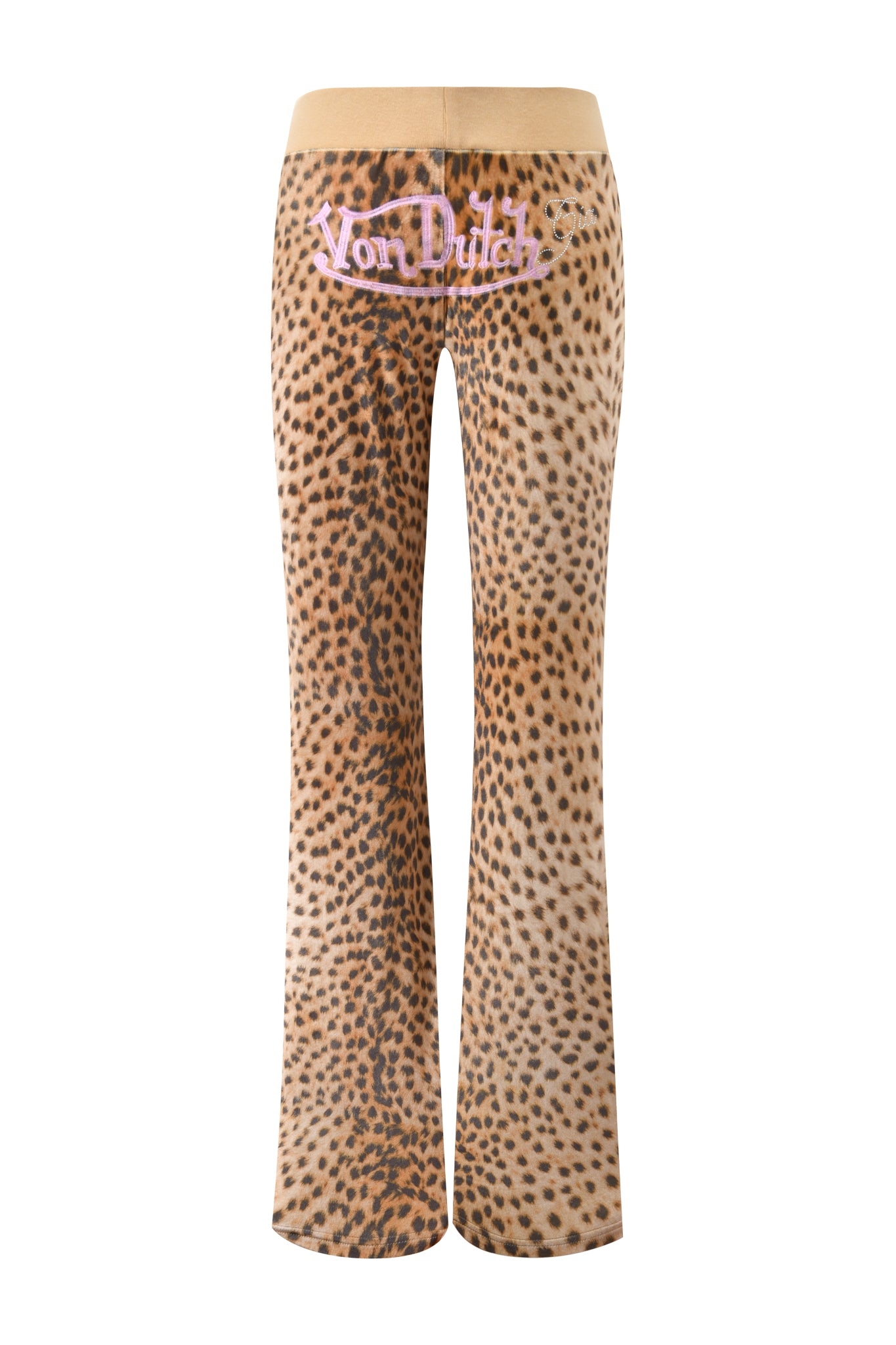 The I.AM.GIA X VON DUTCH KAMERON VELOUR TRACKPANT - LEOPARD features a flared, low rise fit in leopard print velour with "Von Dutch" pink and white embroidery on the back waistband, shown from behind against a white background.