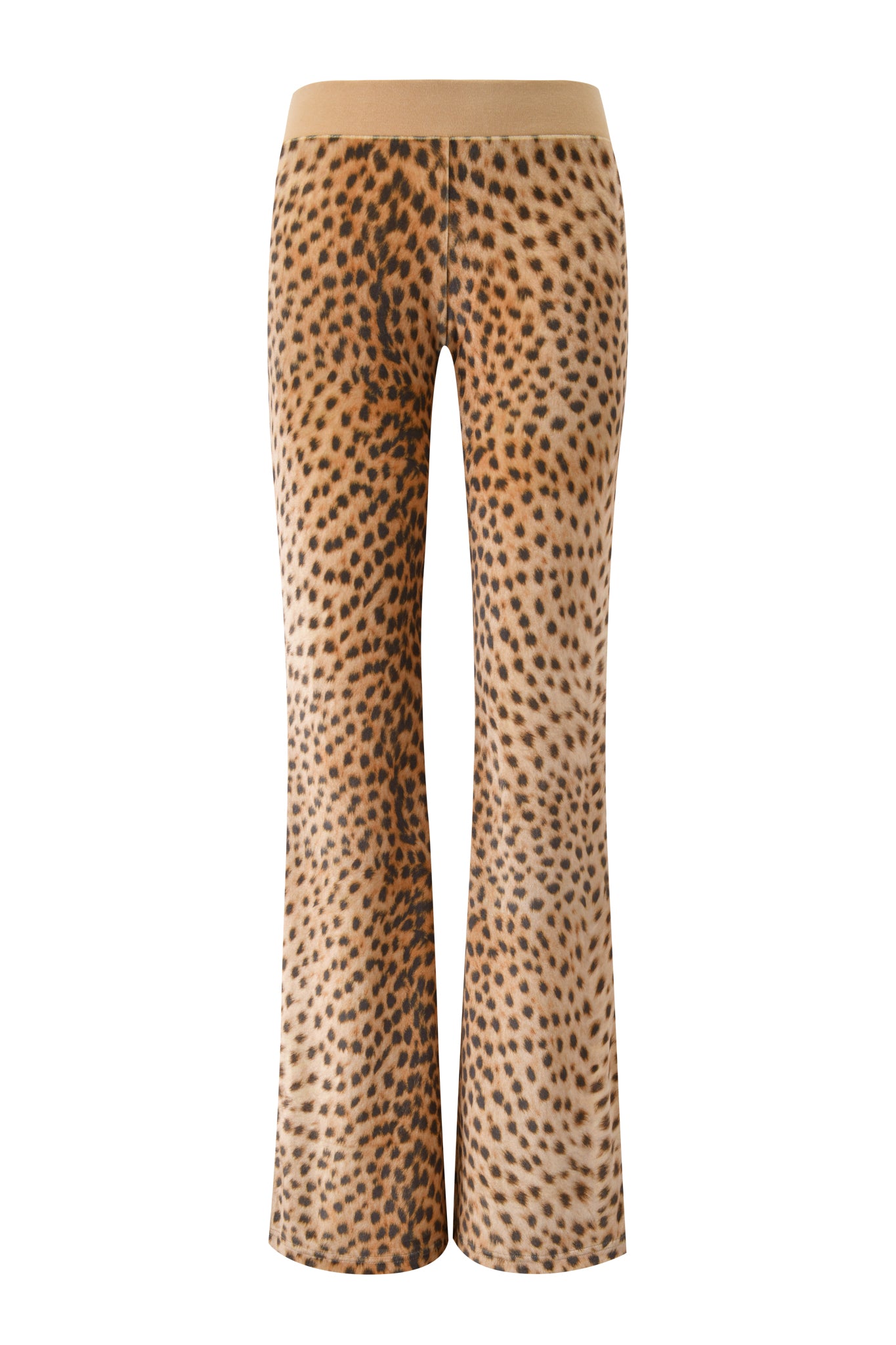 The I.AM.GIA X VON DUTCH KAMERON VELOUR TRACKPANT - LEOPARD features a flared, low-rise silhouette with a beige waistband, shown from the back against a white background for vintage-inspired style.