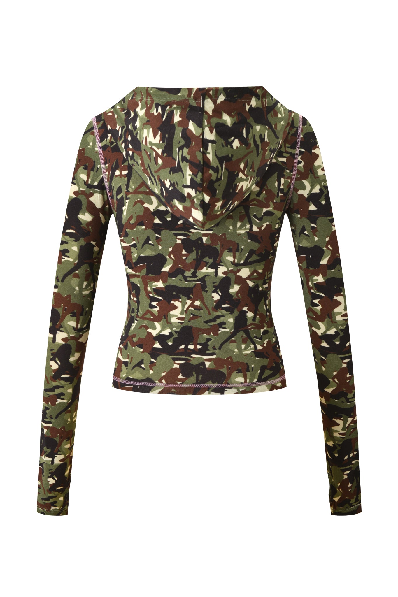 The I.AM.GIA X VON DUTCH BLARE HOODIE in GIA GIRL CAMO features a fitted, long-sleeved design with a green, brown, and black camouflage pattern—shown from the back—a standout collab piece.