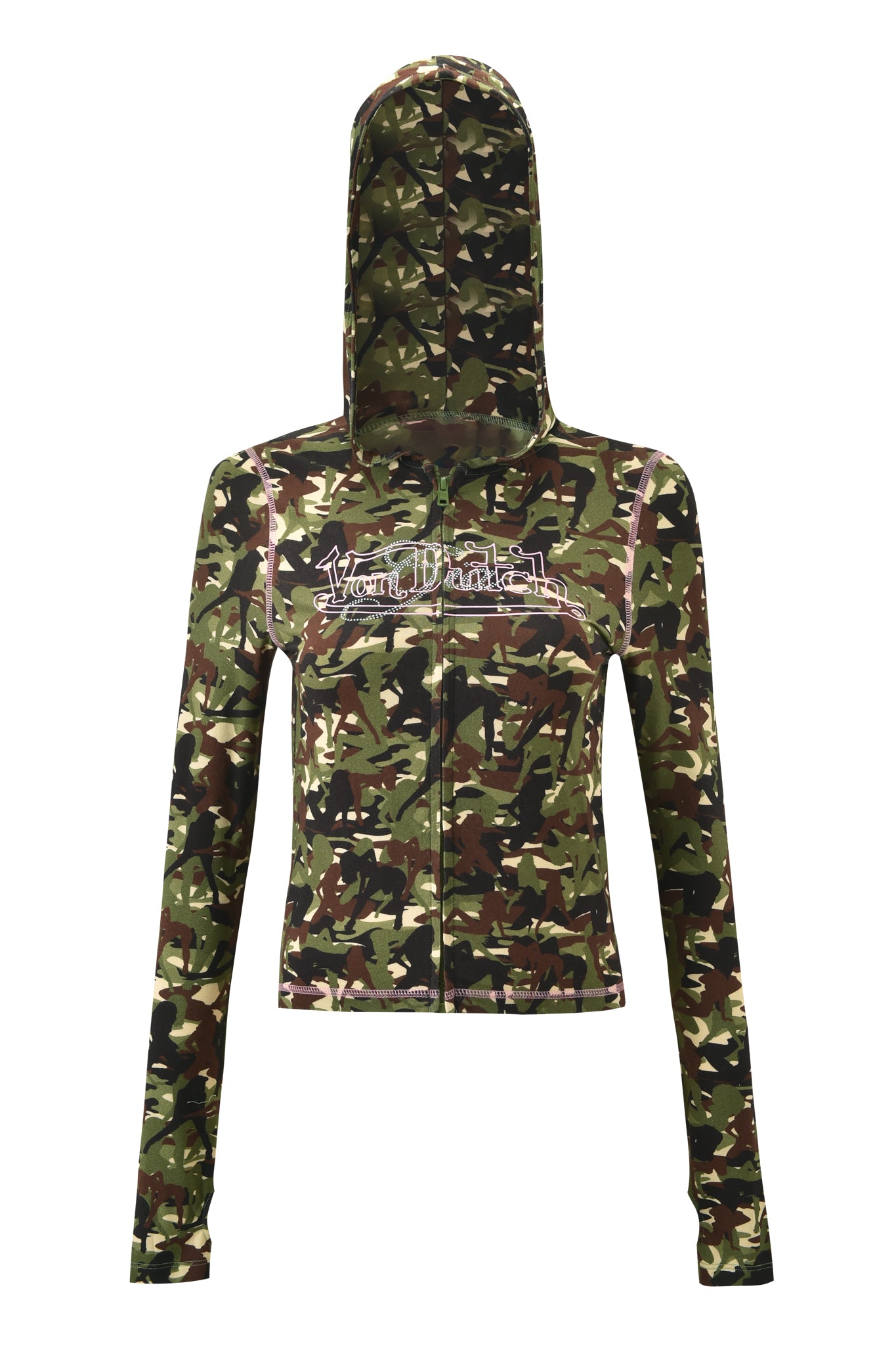 The I.AM.GIA X VON DUTCH BLARE HOODIE - GIA GIRL CAMO features a green, brown, and black camo design, fitted shape, long sleeves, and "Von Dutch" embroidered in white and pink on the chest. Hood is up; no background visible.