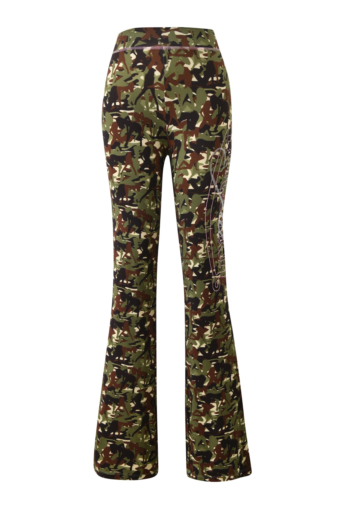 The I.AM.GIA X VON DUTCH BLARE TRACKPANT - STRIPPER CAMO features a high-waisted camouflage print in green, brown, and black with a white abstract line on one leg, crafted from soft bamboo for comfort and style.
