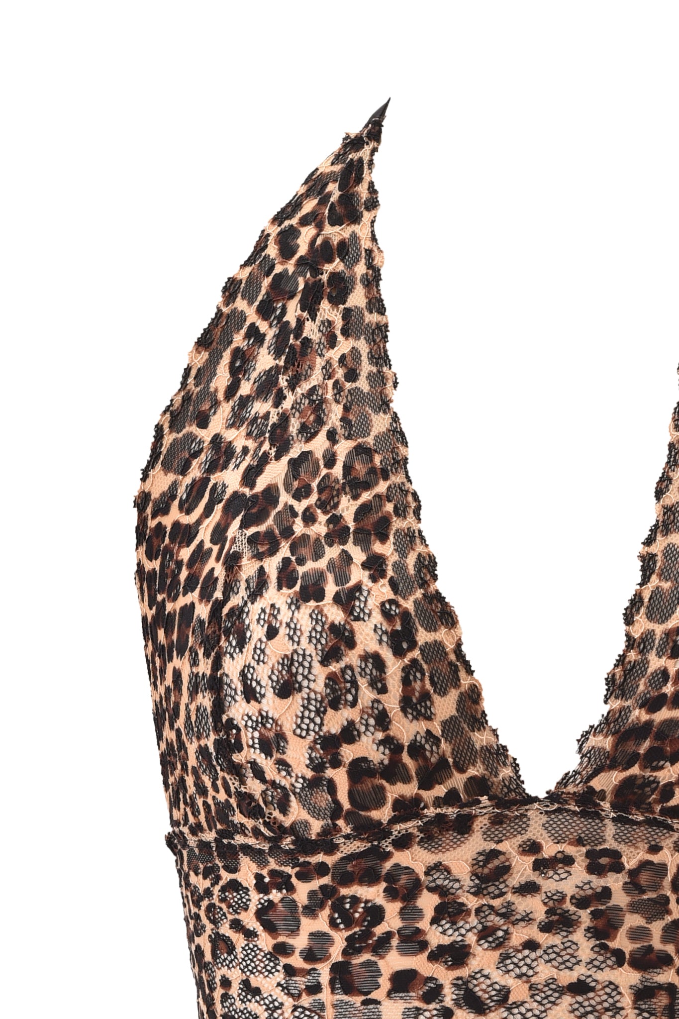 Close-up of the I.AM.GIA GEM HALTER TOP - LEOPARD, featuring a sleeveless leopard print design with a deep V-neckline and scalloped lace trim, highlighting its detailed pattern against a white background.