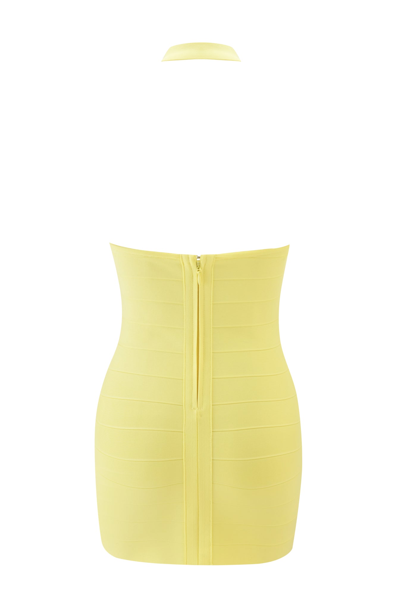 Back view of the AIDEN MINI DRESS - BABY YELLOW by I.AM.GIA, a sleeveless bandage-style mini dress with halter neck strap, visible back zipper, horizontal panel details, and a fitted hourglass silhouette.