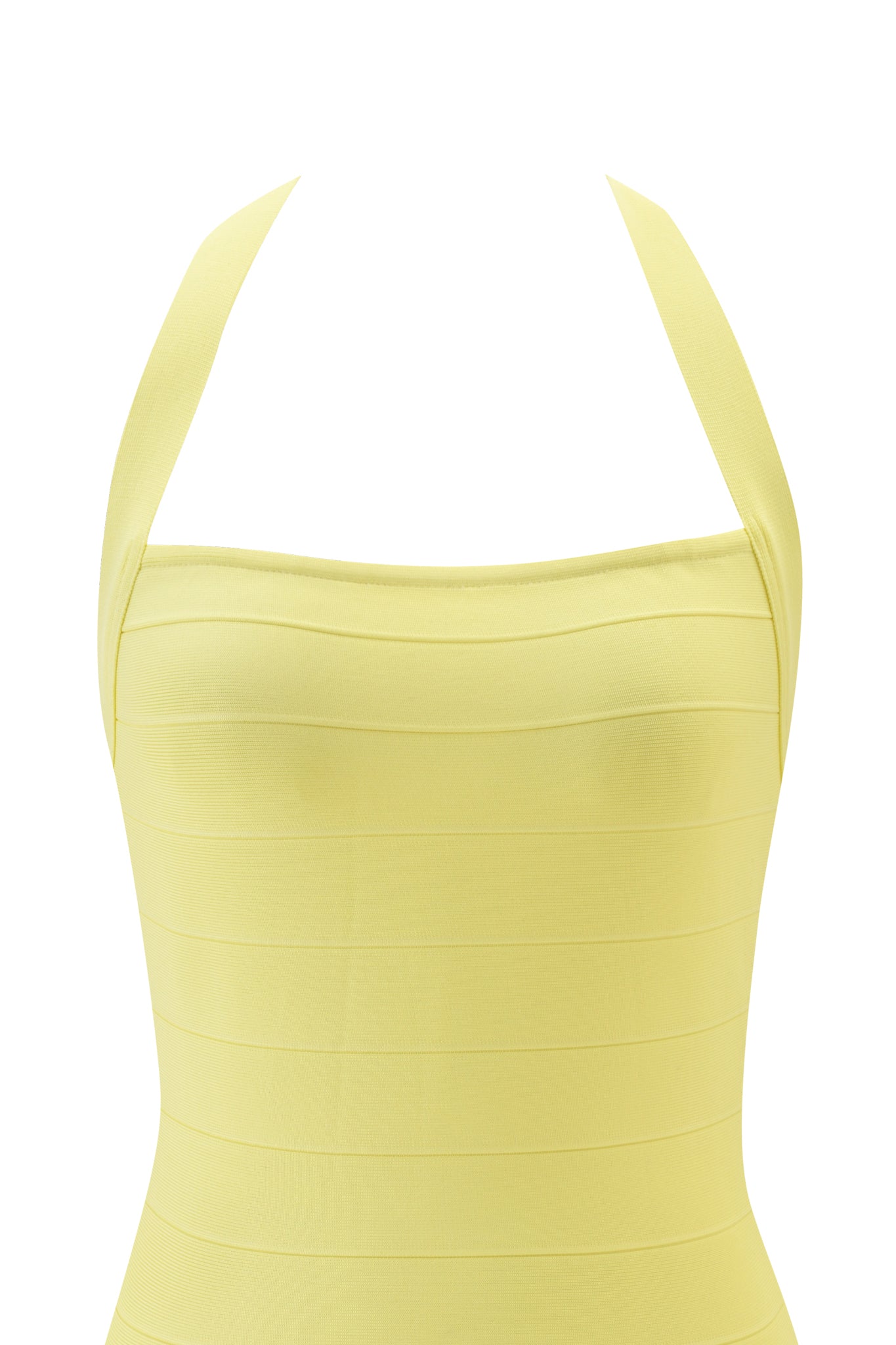 The I.AM.GIA AIDEN MINI DRESS in Baby Yellow features a halter neck, wide straps, and horizontal panel detailing, showcasing its signature bodycon bandage style from chest to waist on a white background.