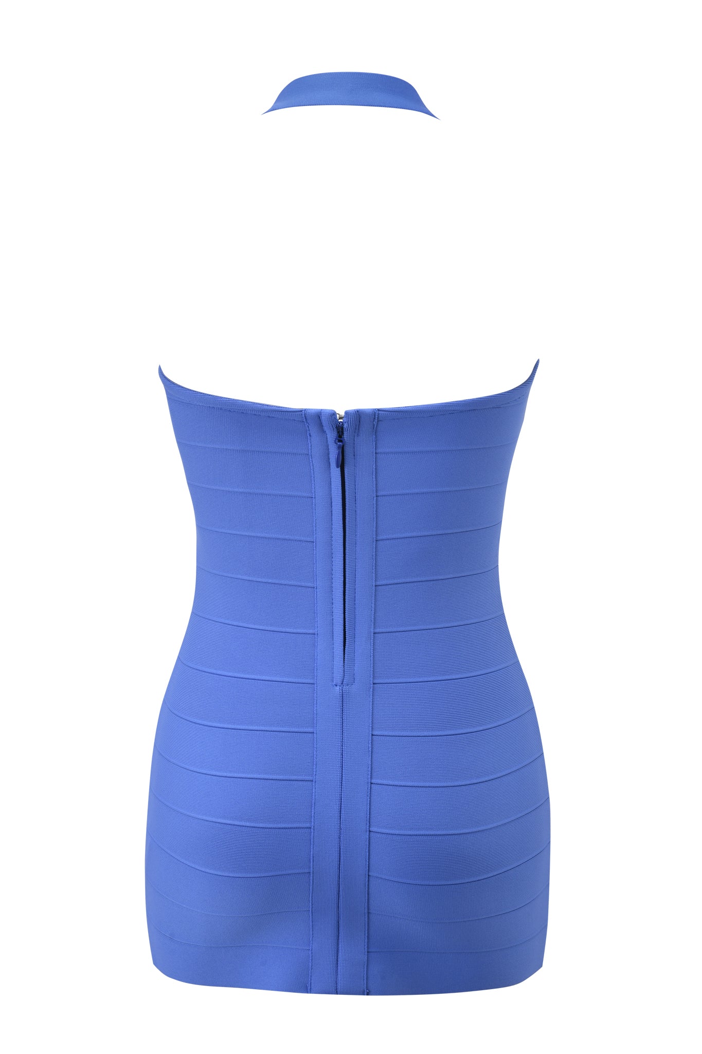 Back view of the I.AM.GIA AIDEN MINI DRESS in blue, a strapless, form-fitting bandage style with horizontal paneling and a visible center zipper.