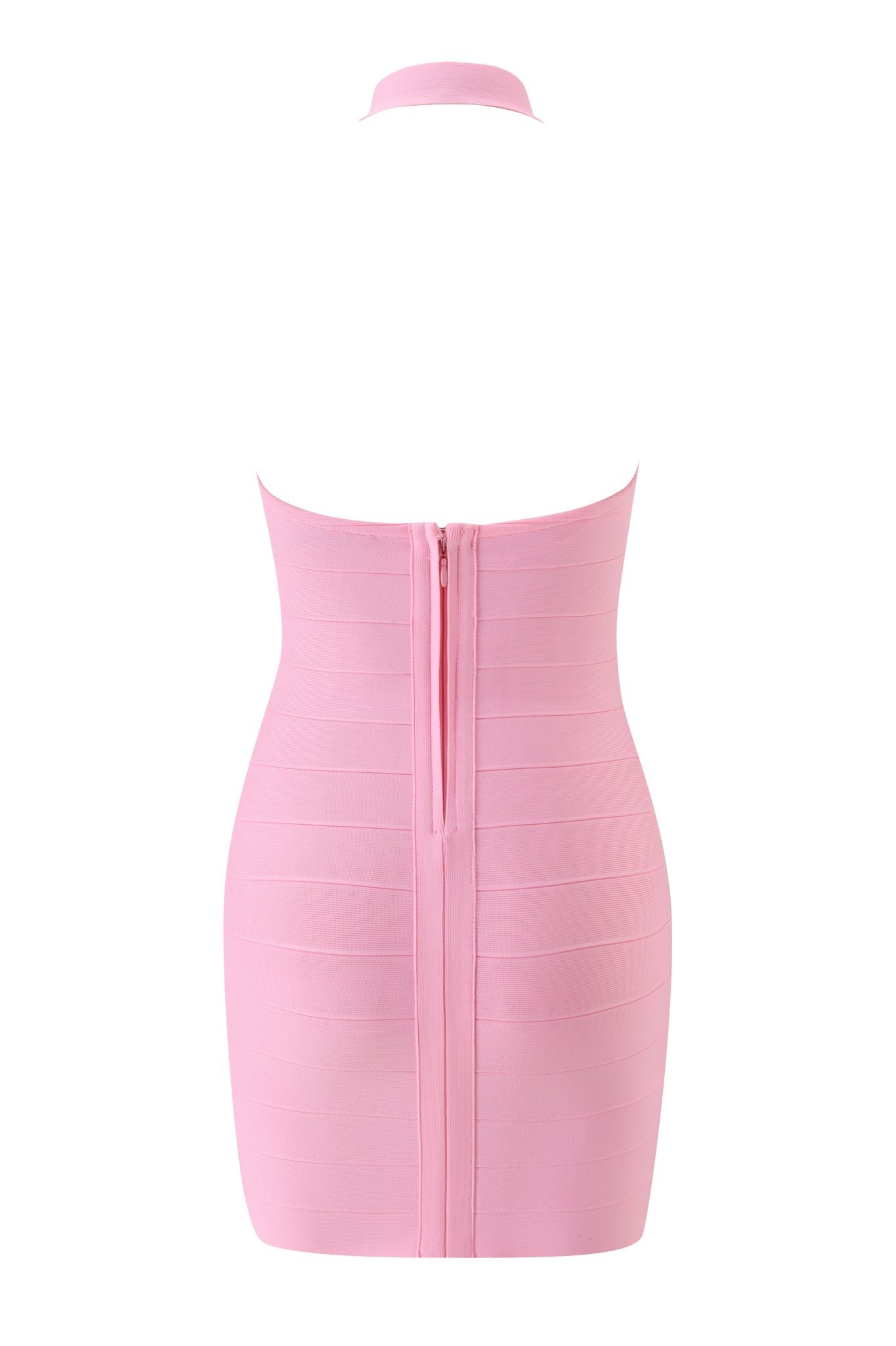 Back view of the I.AM.GIA AIDEN BANDAGE MINI DRESS in pink, a sleeveless, form-fitting mini dress with a halter neckline and visible center zipper.