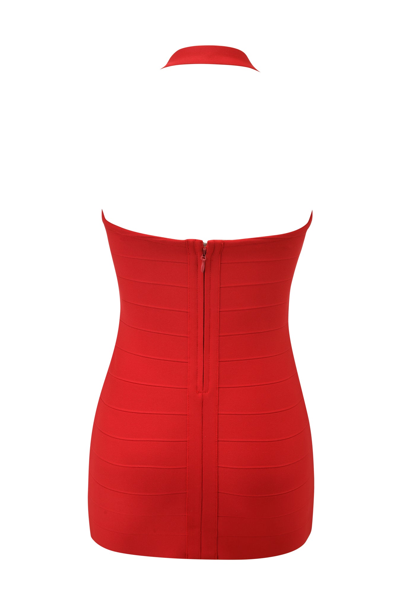 The I.AM.GIA AIDEN MINI DRESS - RED is a sleeveless, strapless bandage mini dress with horizontal panels and a visible back zipper.
