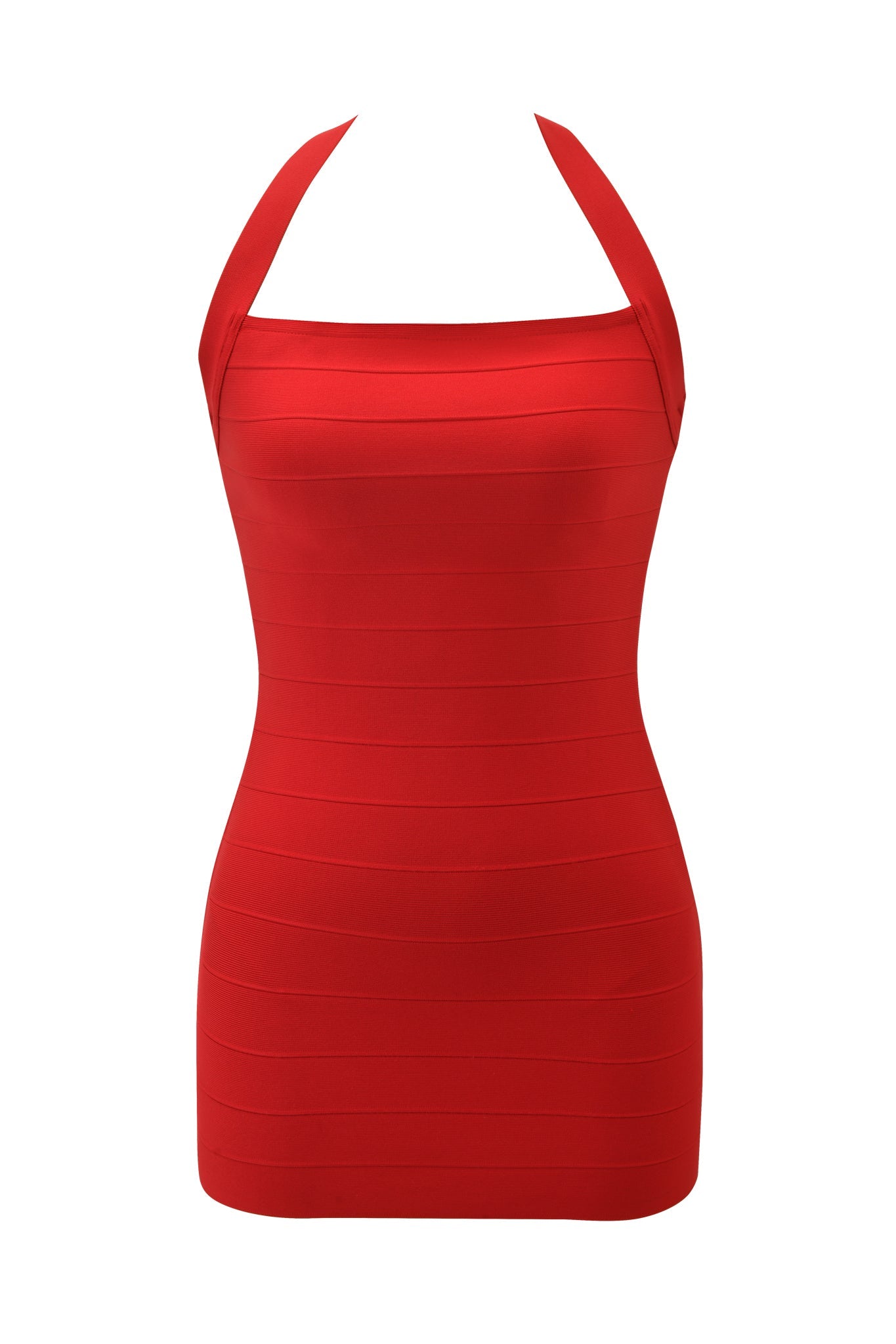 The I.AM.GIA AIDEN MINI DRESS in red is a sleeveless, form-fitting bandage mini dress with a halter neckline, displayed against a plain white background.
