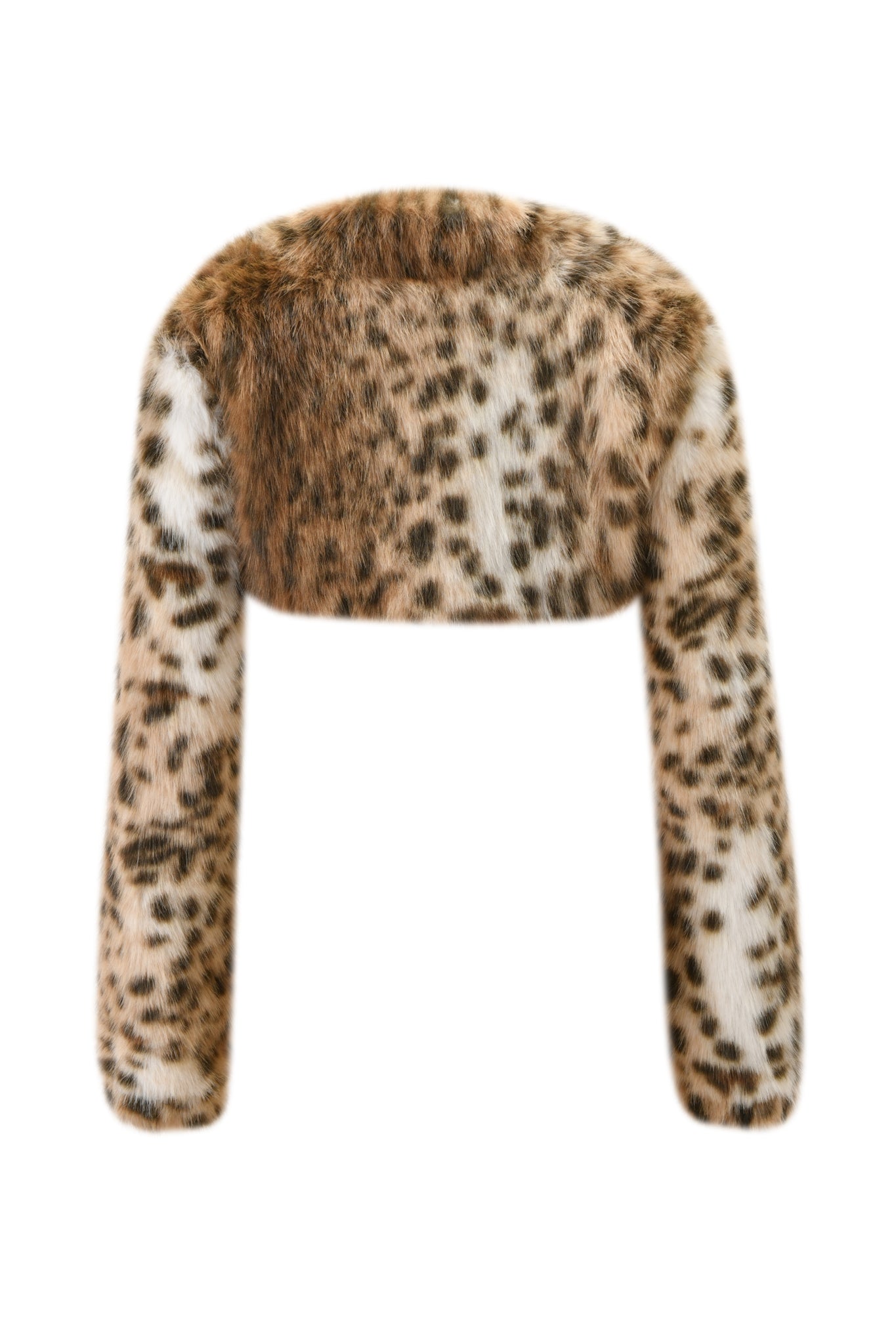 The I.AM.GIA ALBA BOLERO - LEOPARD is a soft faux fur jacket with brown and black spots on tan, featuring long sleeves and a cropped fit. Shown against a clean white background.