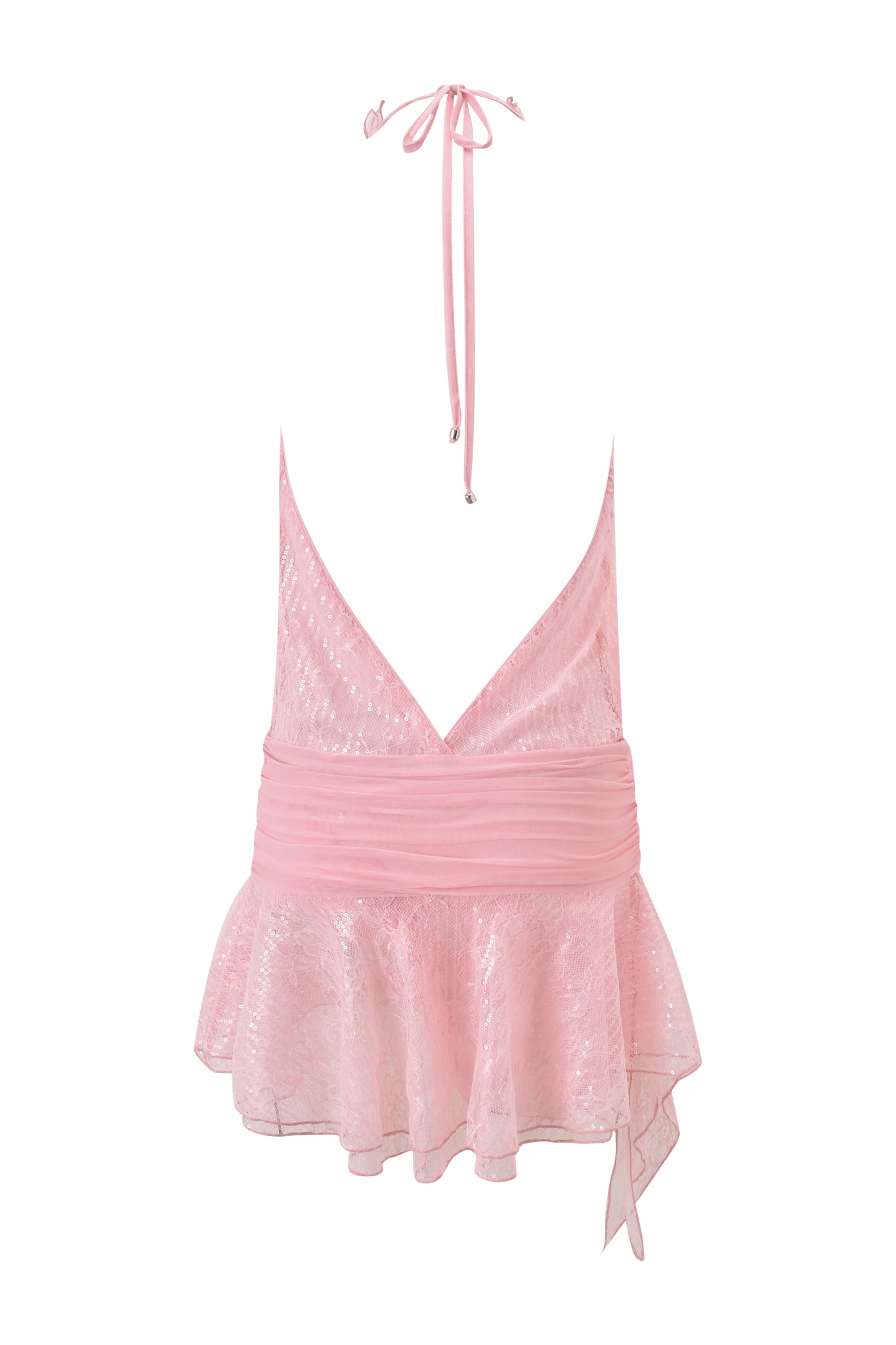 The ARIA HALTER RUFFLE MINI DRESS by I.AM.GIA is a light pink, sleeveless dress with a plunging V-neck, ruched mesh waistband, shimmery sheer peplum hem, and long neck ties.
