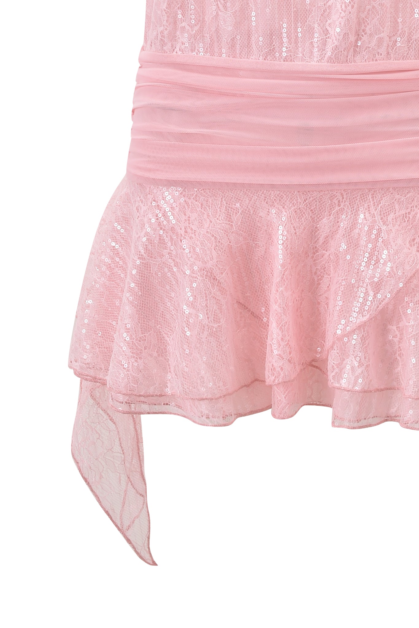 Close-up of the ARIA HALTER RUFFLE MINI DRESS in pink by I.AM.GIA, featuring sparkly sequins, a ruched mesh waistband, and a ruffled asymmetrical hem with a sheer pointed edge.