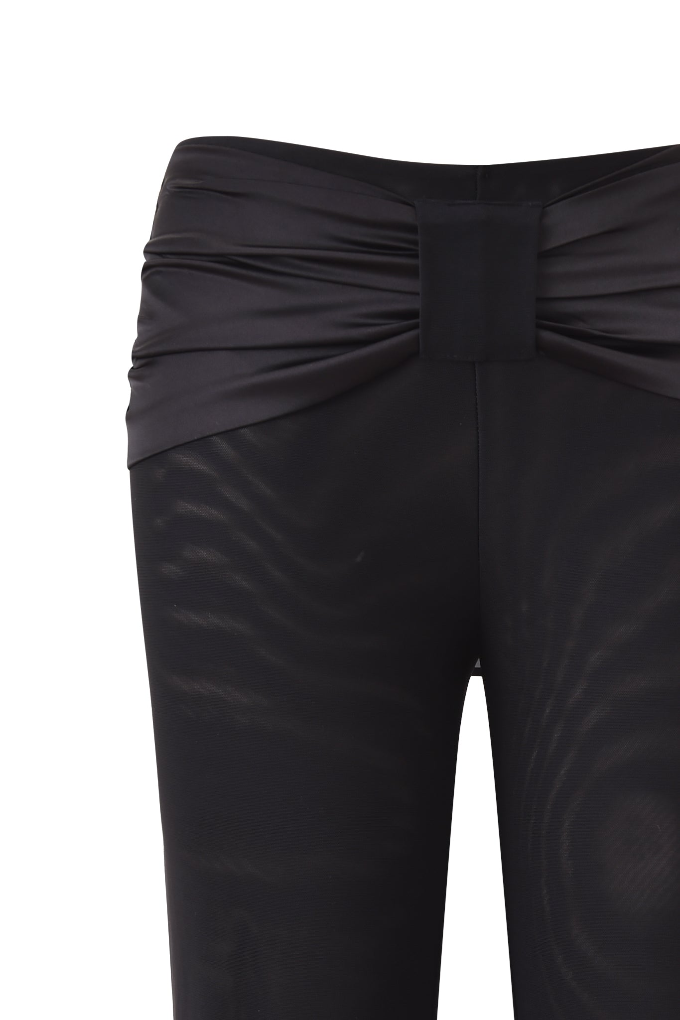 Close-up of the waist and upper legs of the I.AM.GIA LIVY CAPRI - BLACK, showcasing black mesh fabric with a gathered ruched waistband and a wide rectangular center accent.